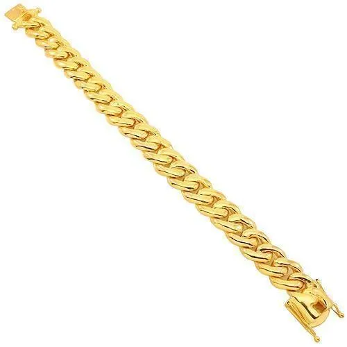 14K Yellow Solid Gold Mens Cuban Bracelet 14 mm