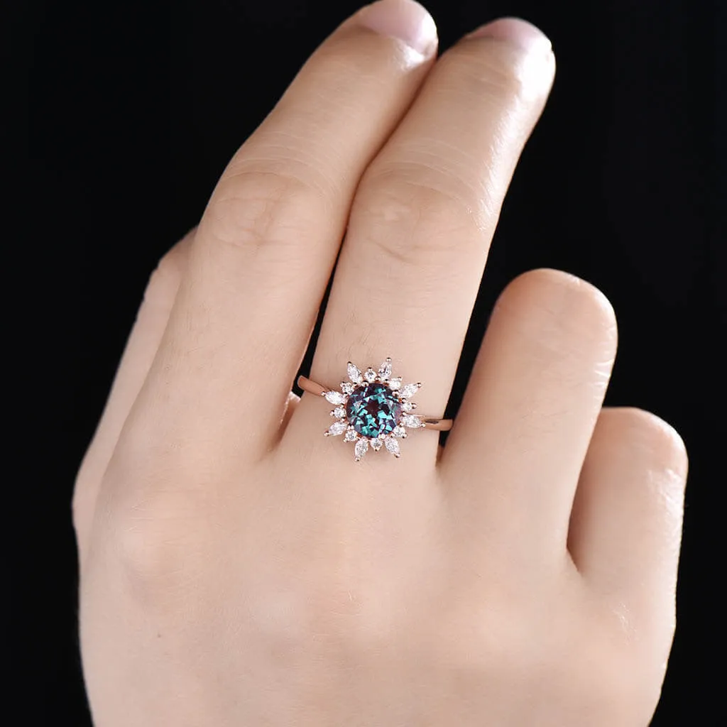 14K/18K Floral Color Changed  Alexandrite Moissanite/Diamonds Engagement Ring Unique