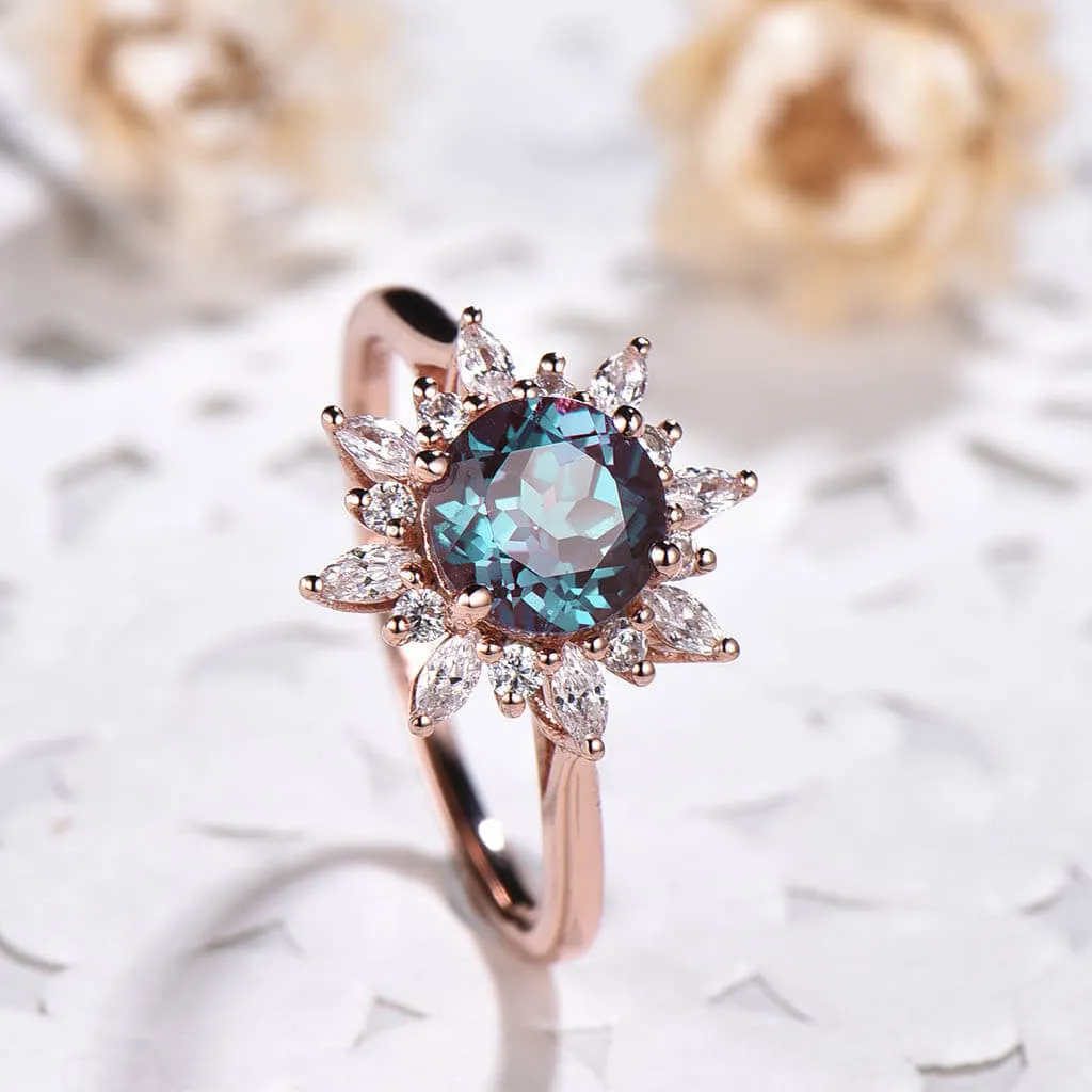 14K/18K Floral Color Changed  Alexandrite Moissanite/Diamonds Engagement Ring Unique