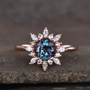 14K/18K Floral Color Changed  Alexandrite Moissanite/Diamonds Engagement Ring Unique