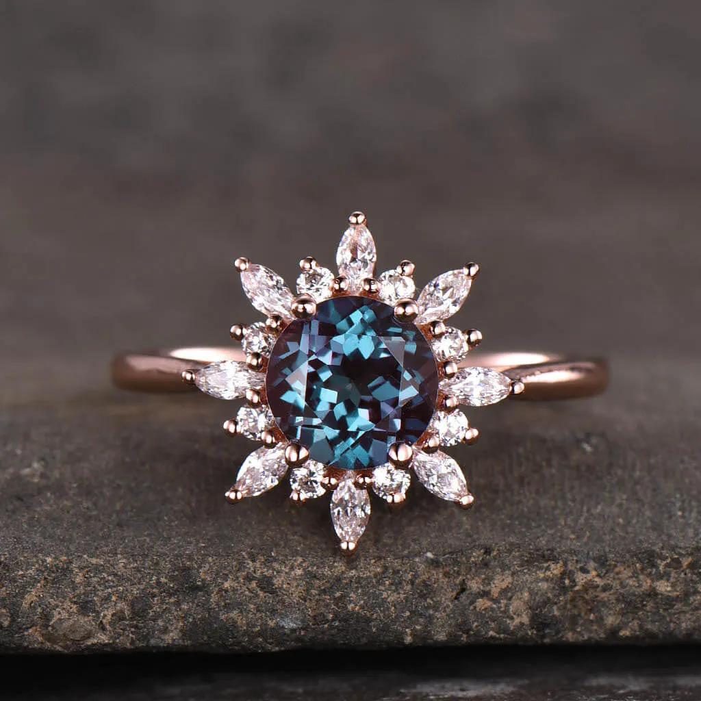 14K/18K Floral Color Changed  Alexandrite Moissanite/Diamonds Engagement Ring Unique
