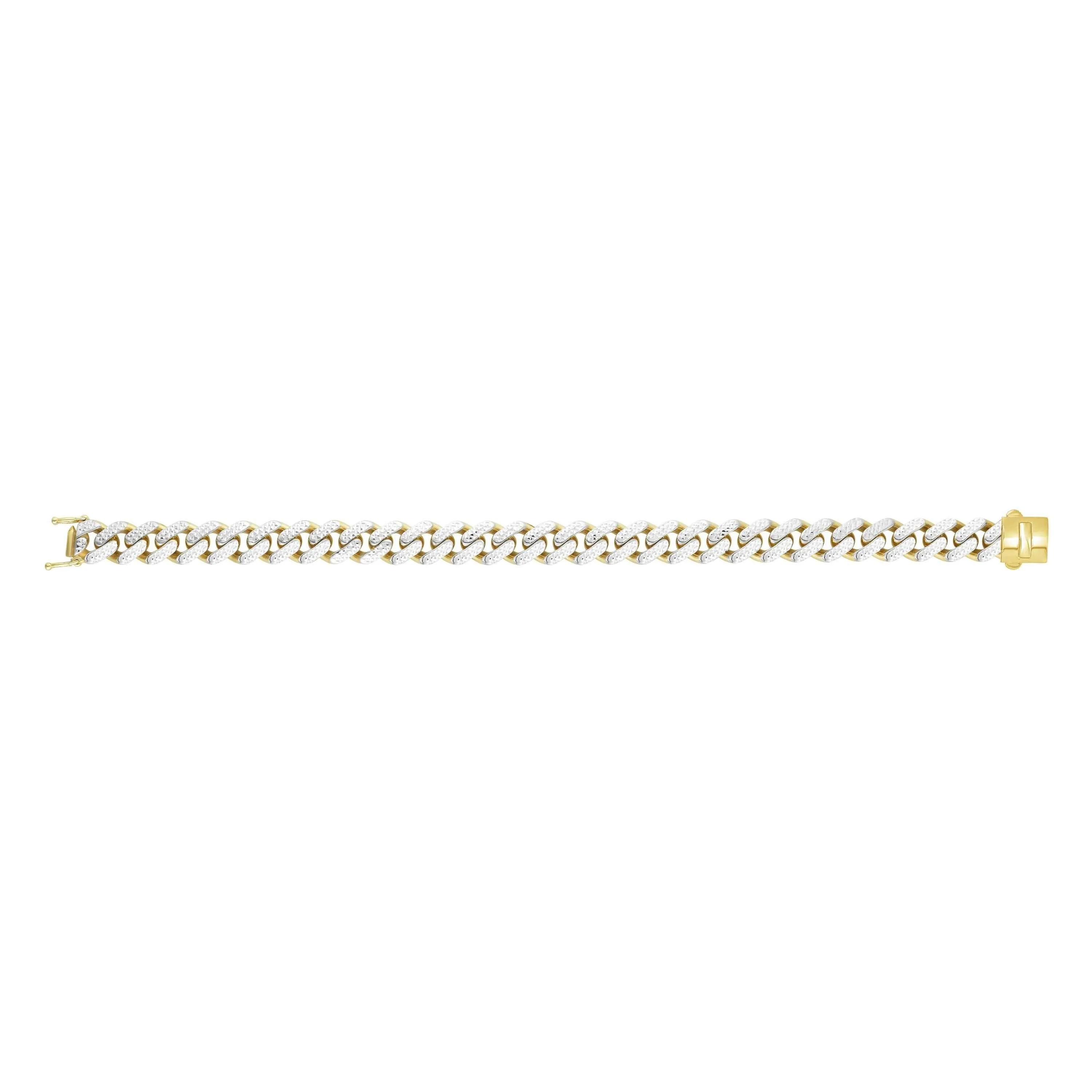 14kt Gold 8.25 inches Yellow Finish 9.5mm White Diamond Cut Curb Link Bracelet with Box with Both Side Push Clasp