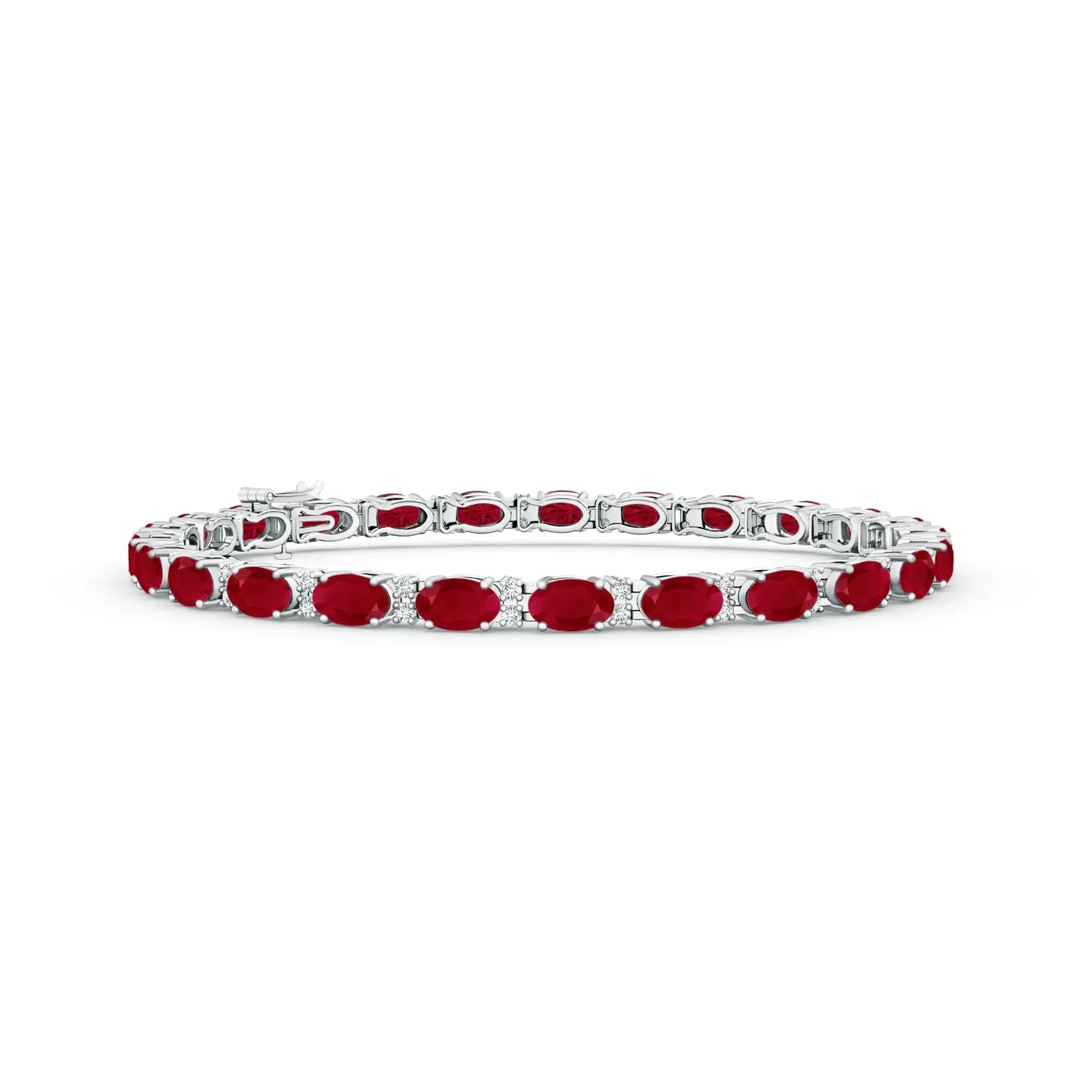 14kt White Gold Oval Ruby and Round Cut Diamond Tennis Bracelet