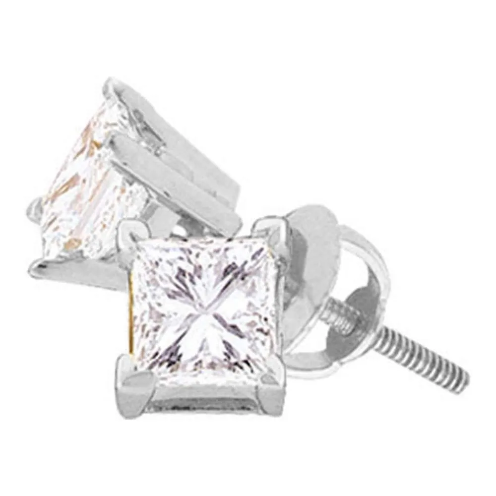 14kt White Gold Unisex Princess Diamond Solitaire Stud Earrings 1/3 Cttw