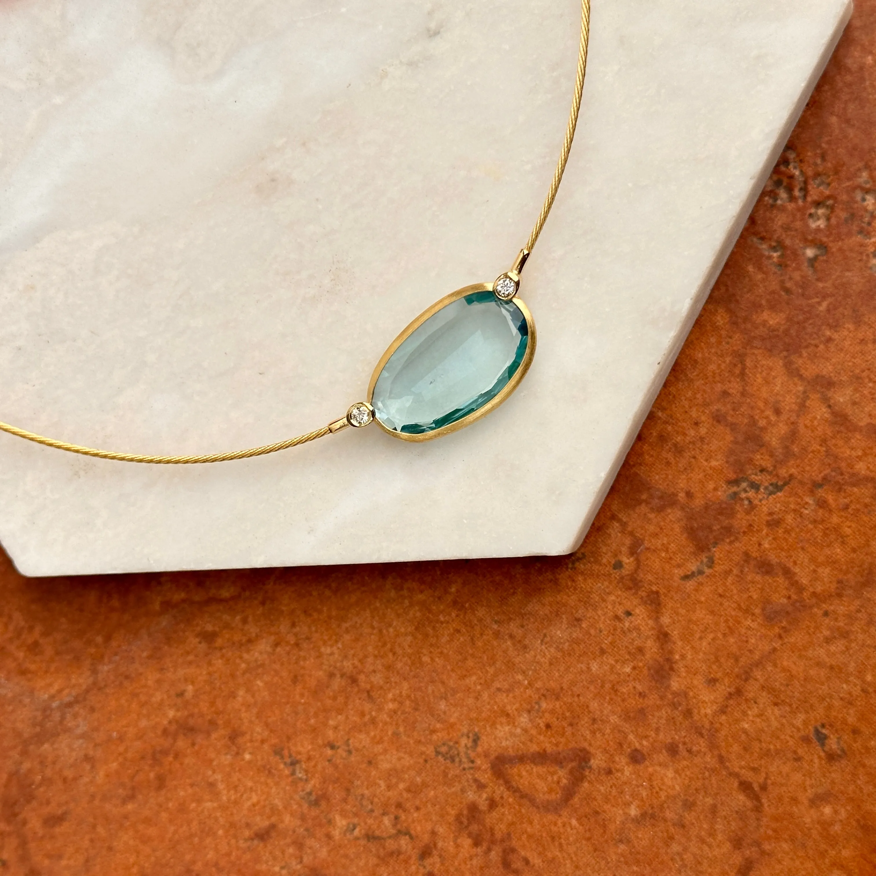 14KT Yellow Gold Bezel Blue Topaz   Diamond Collar Necklace