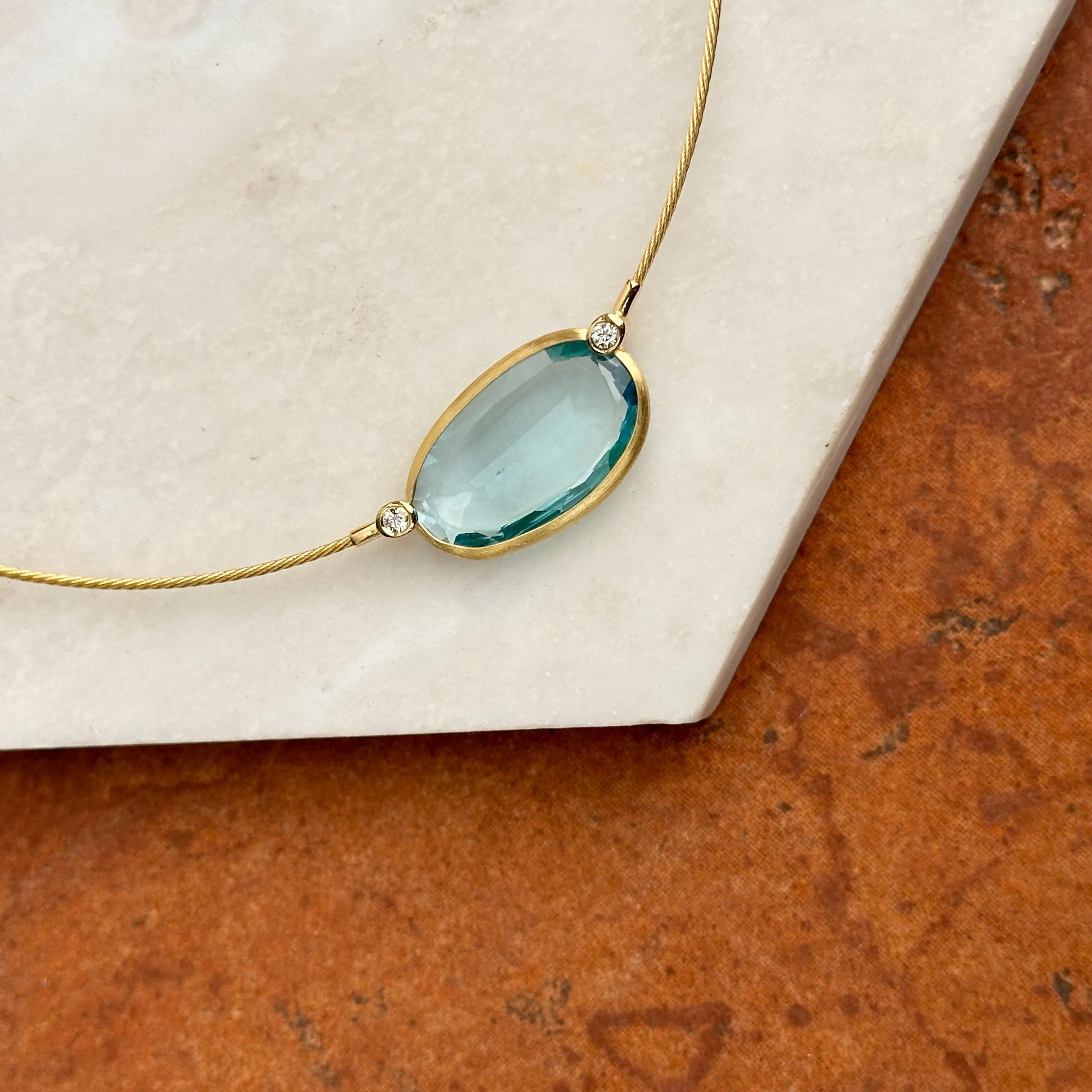 14KT Yellow Gold Bezel Blue Topaz   Diamond Collar Necklace