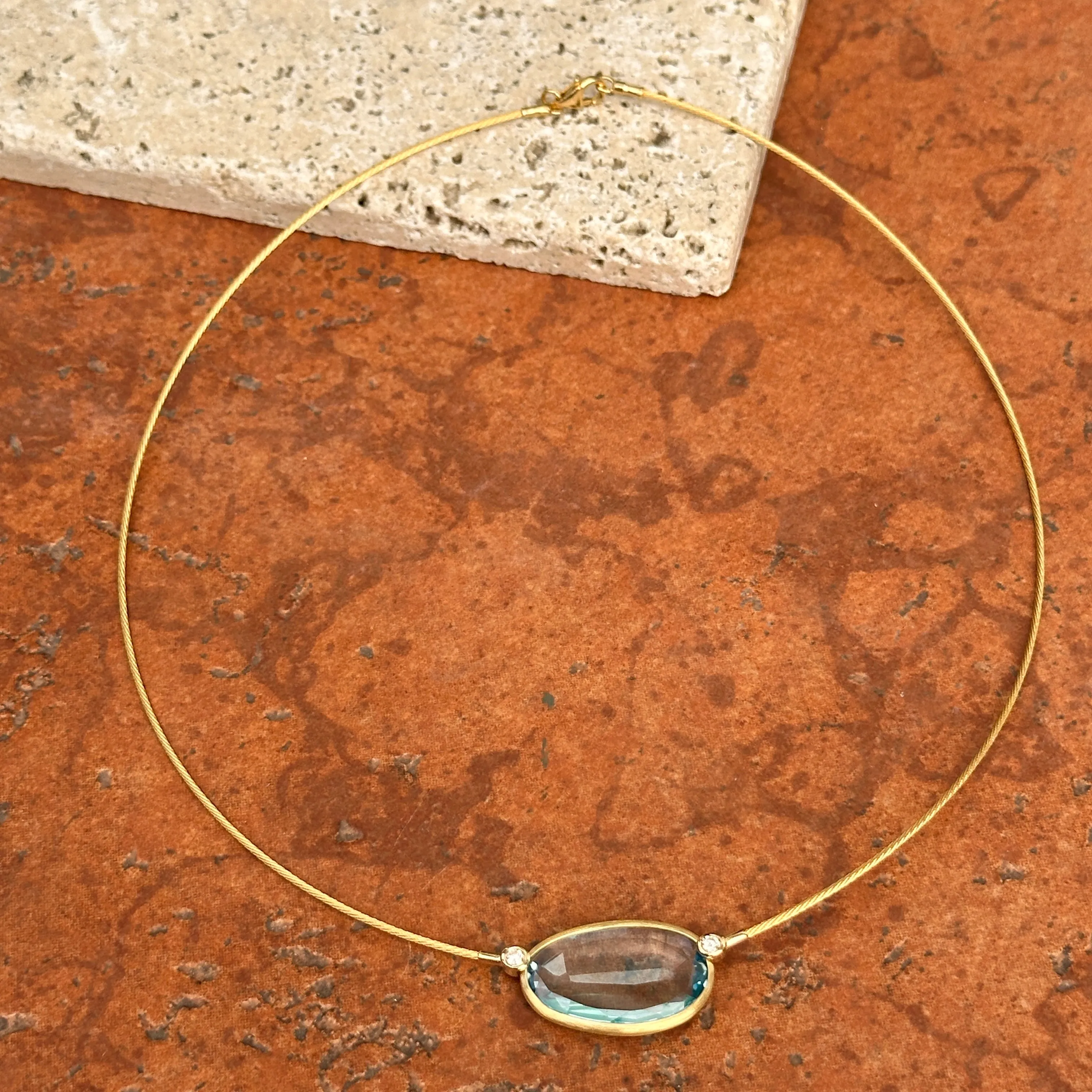14KT Yellow Gold Bezel Blue Topaz   Diamond Collar Necklace