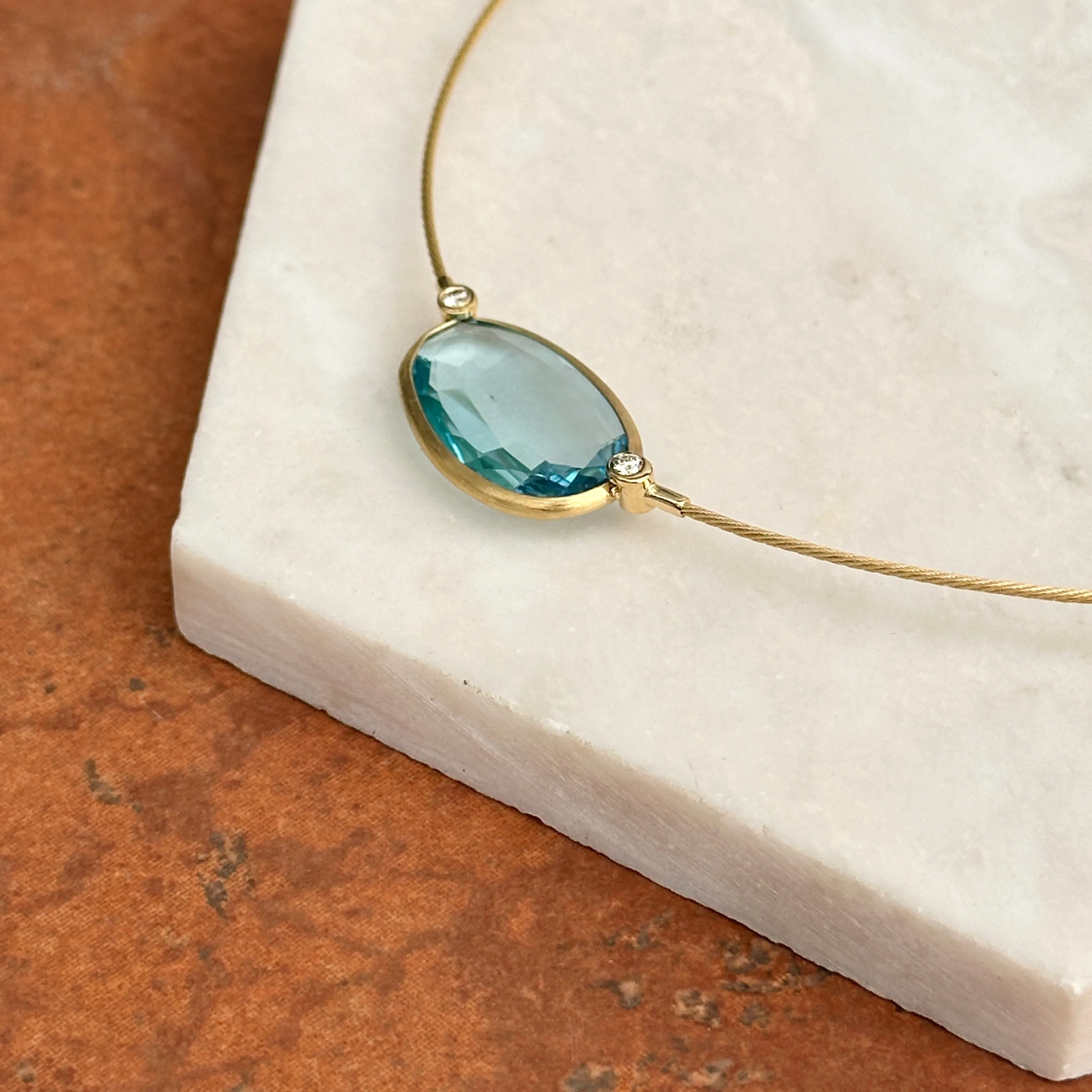 14KT Yellow Gold Bezel Blue Topaz   Diamond Collar Necklace