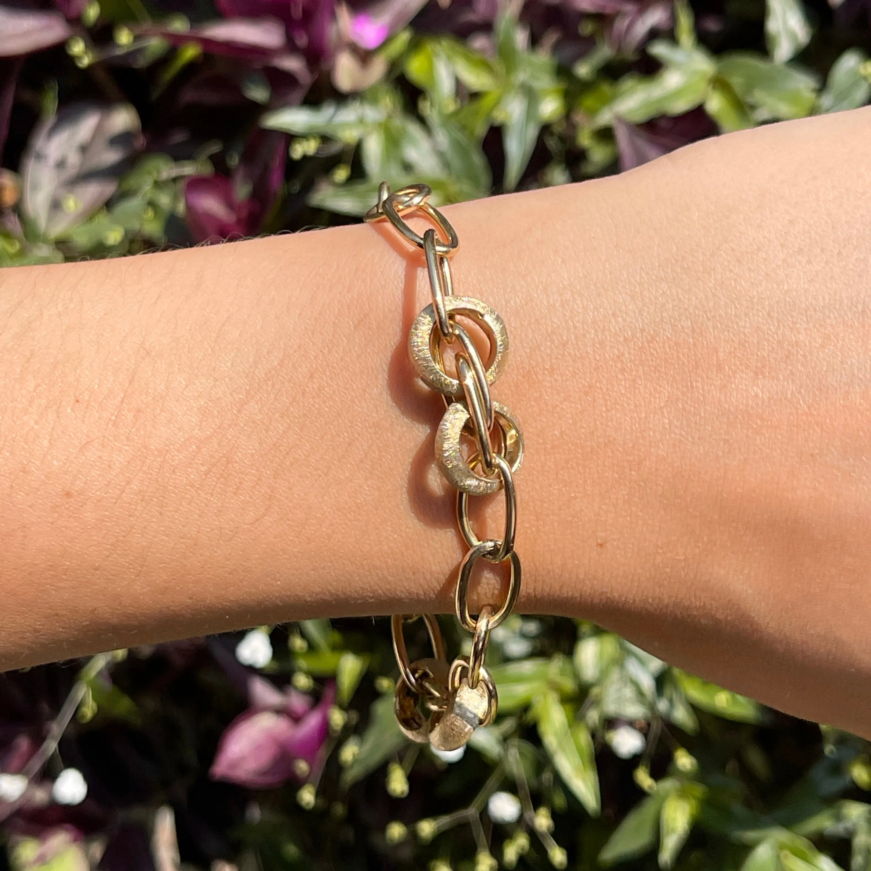 14KT Yellow Gold Matte   Polished Oval Link Chain Bracelet