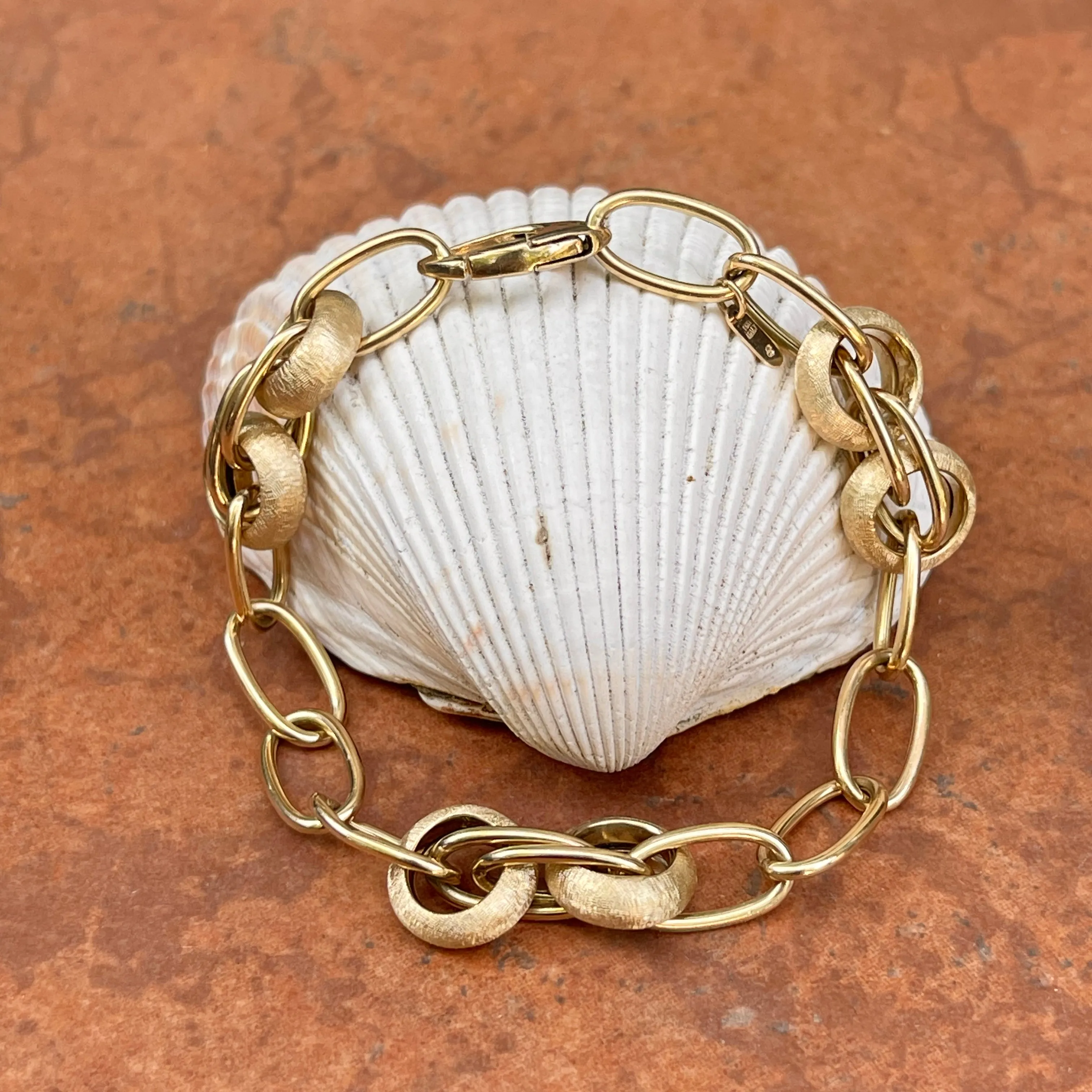 14KT Yellow Gold Matte   Polished Oval Link Chain Bracelet