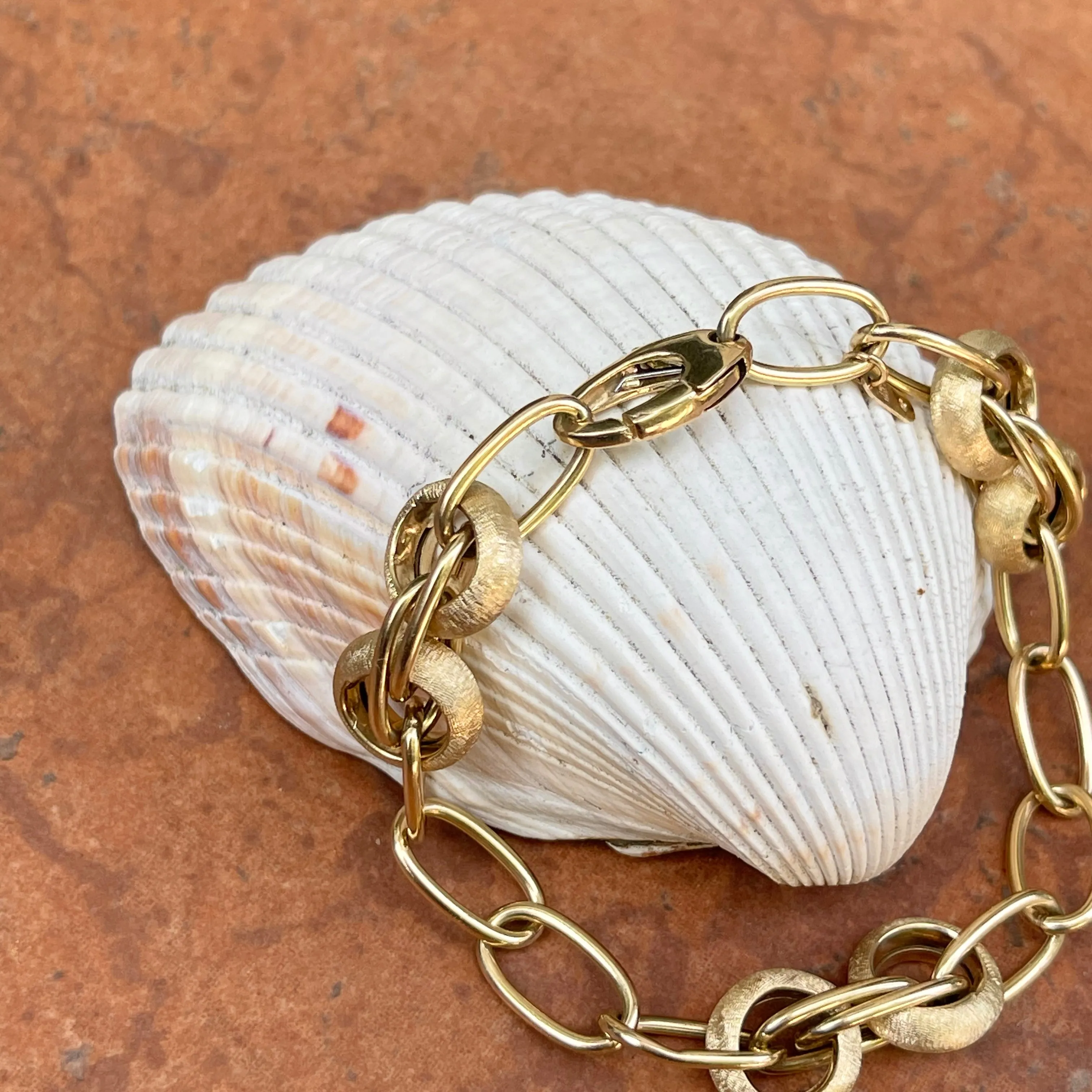 14KT Yellow Gold Matte   Polished Oval Link Chain Bracelet