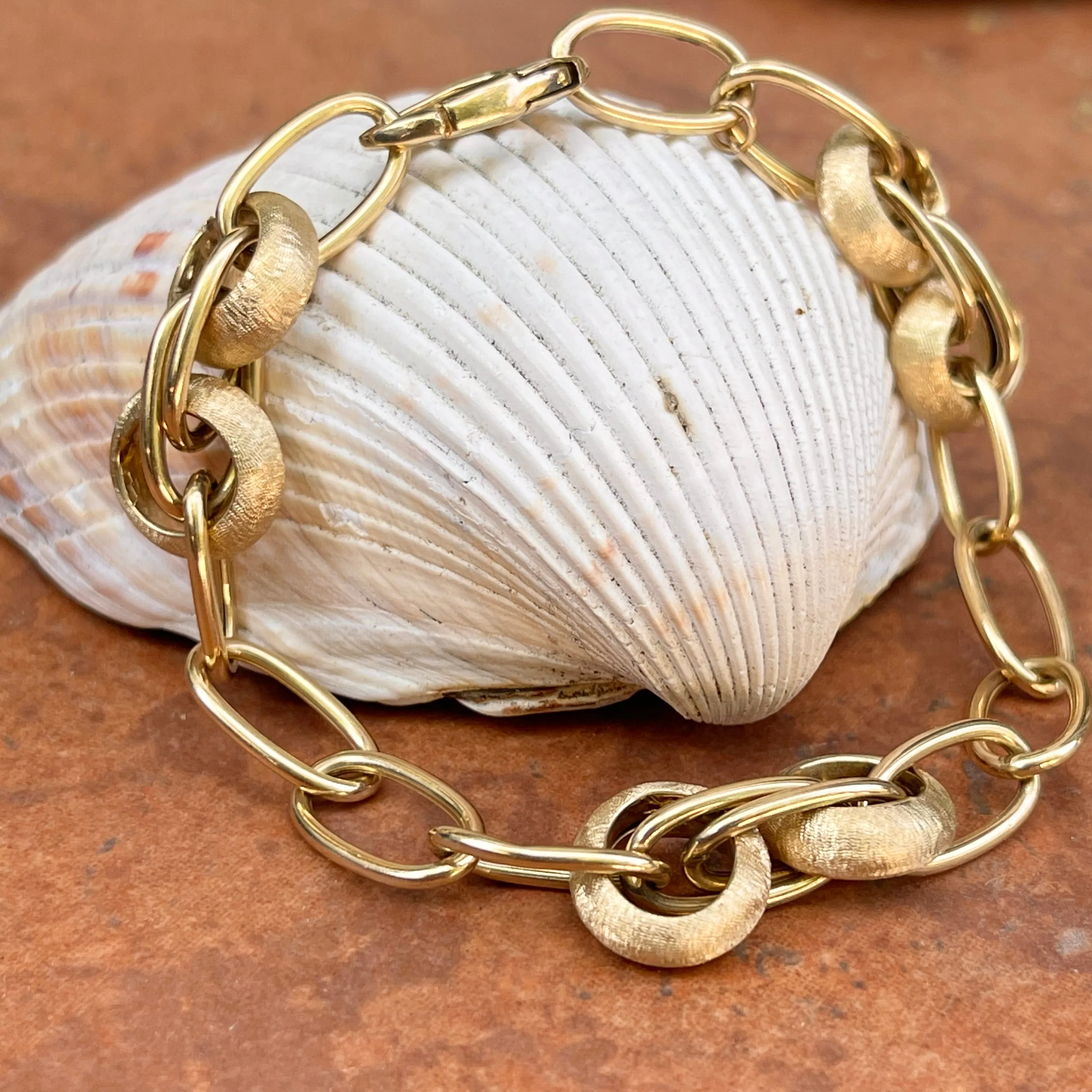 14KT Yellow Gold Matte   Polished Oval Link Chain Bracelet