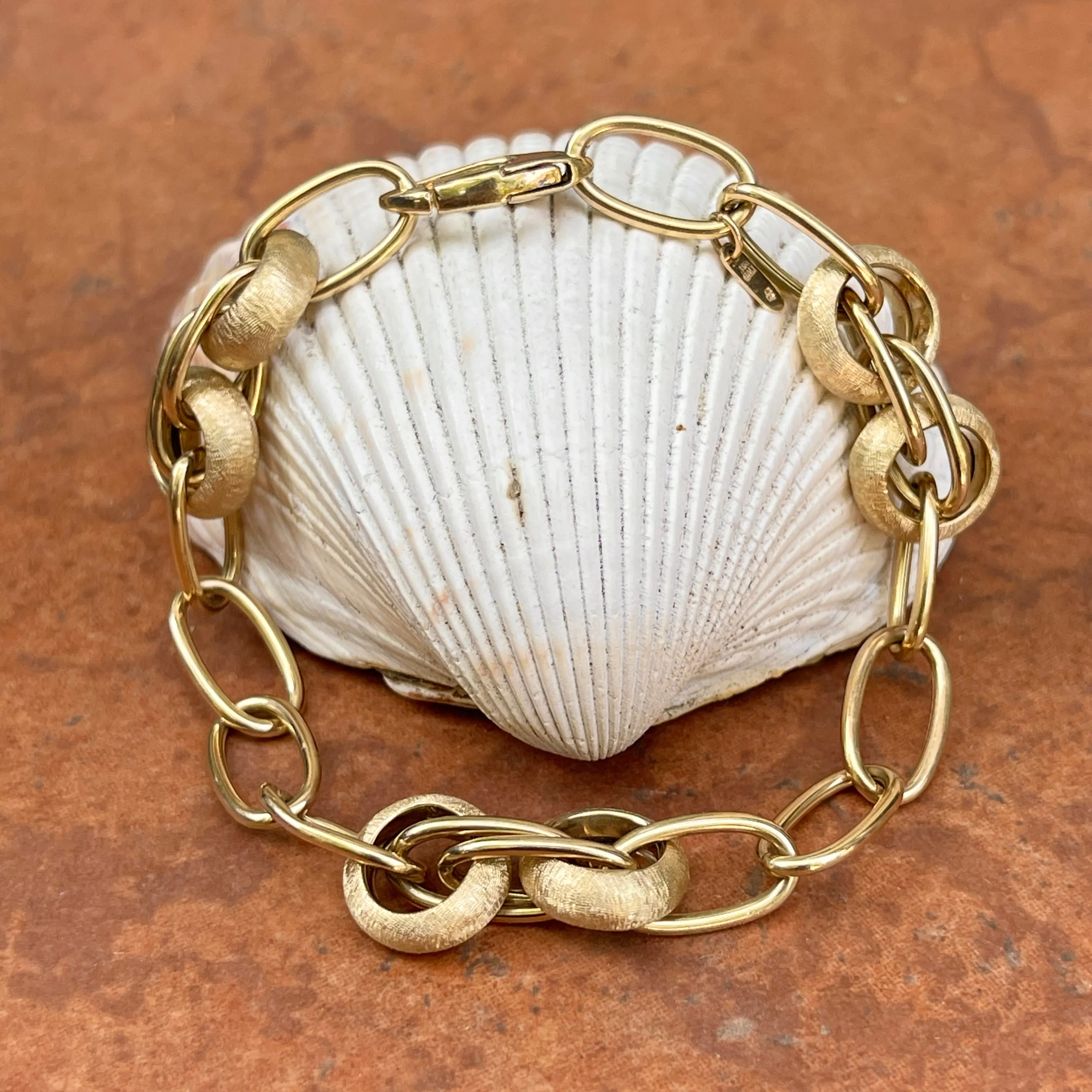 14KT Yellow Gold Matte   Polished Oval Link Chain Bracelet