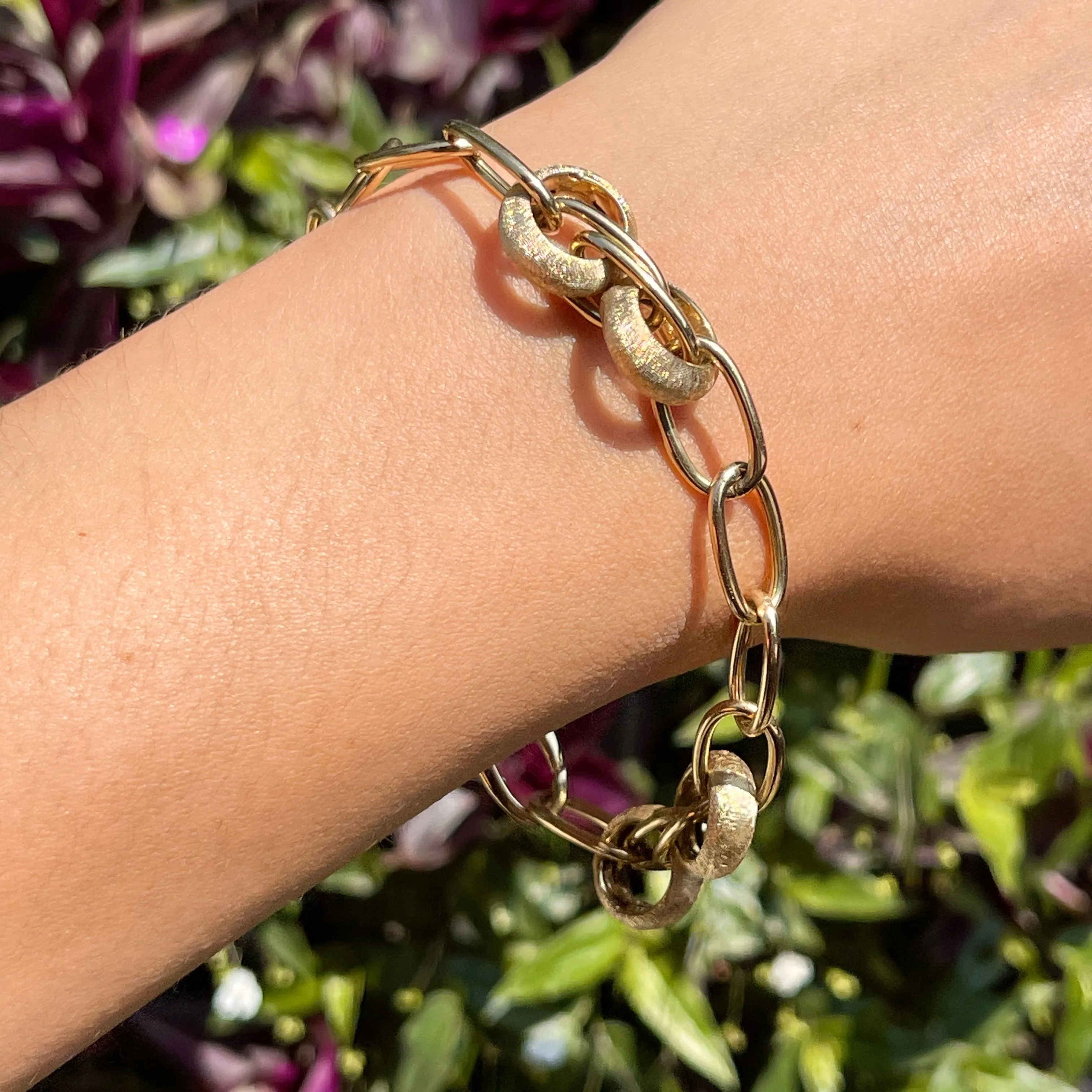 14KT Yellow Gold Matte   Polished Oval Link Chain Bracelet