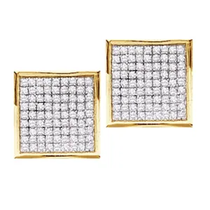 14kt Yellow Gold Womens Round Pave-set Diamond Square Cluster Earrings 7/8 Cttw