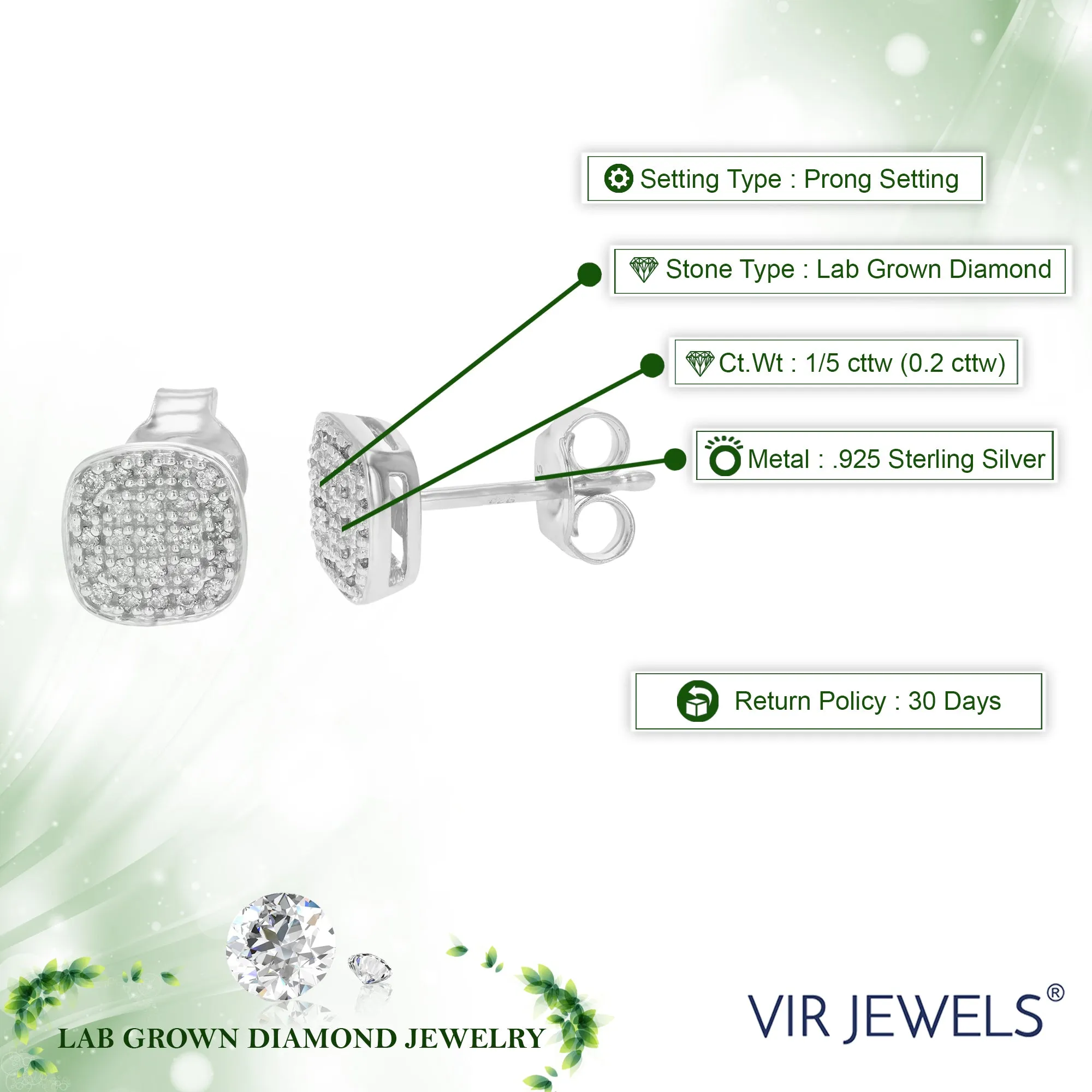 1/5 cttw Lab Grown Diamond Cushion Stud Earrings Sterling Silver
