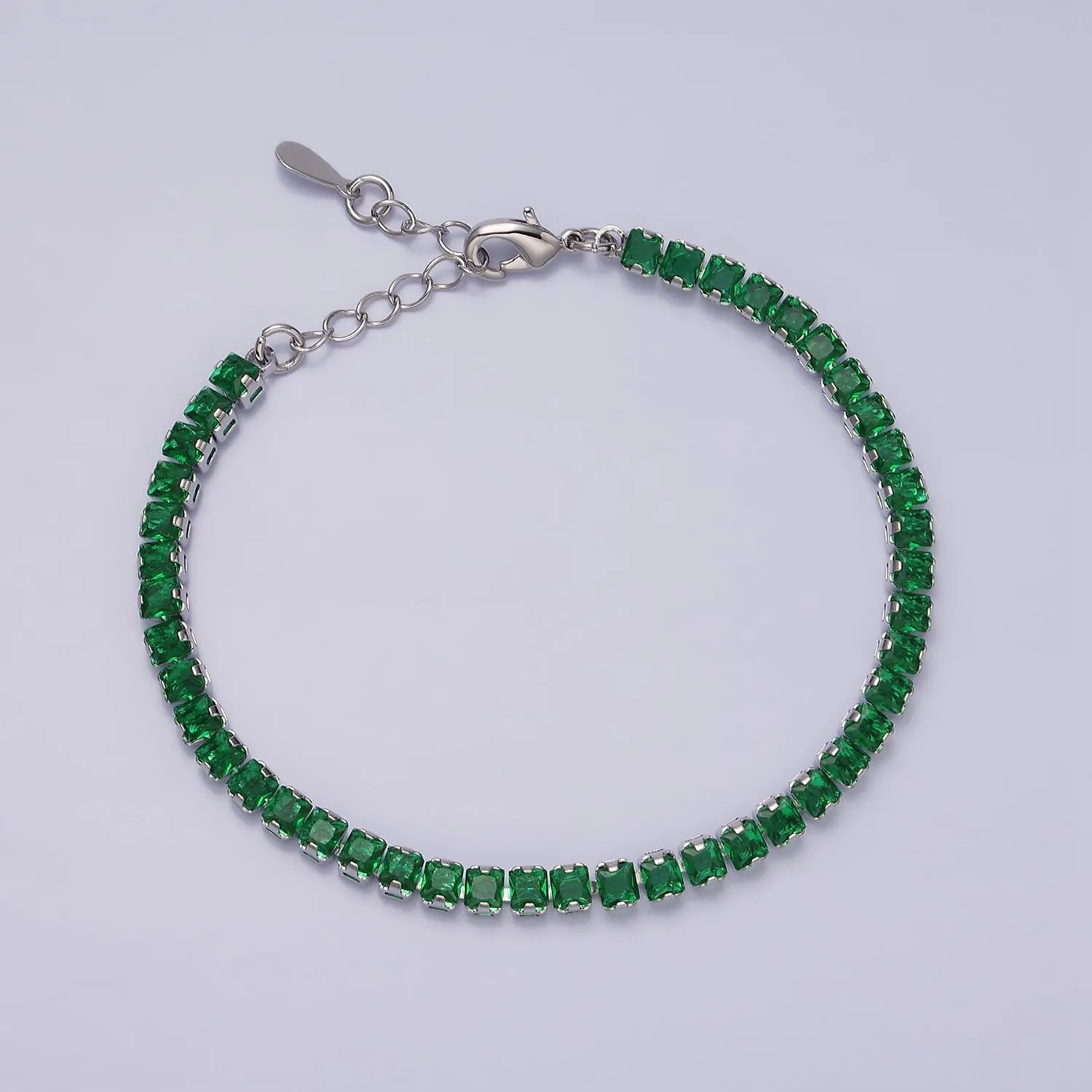 16K Gold Filled 3.8mm Pink, Green, Clear CZ Square Tennis 6.5 Inch Bracelet with Extender in Gold & Silver | WA-1791 ~ WA-1796