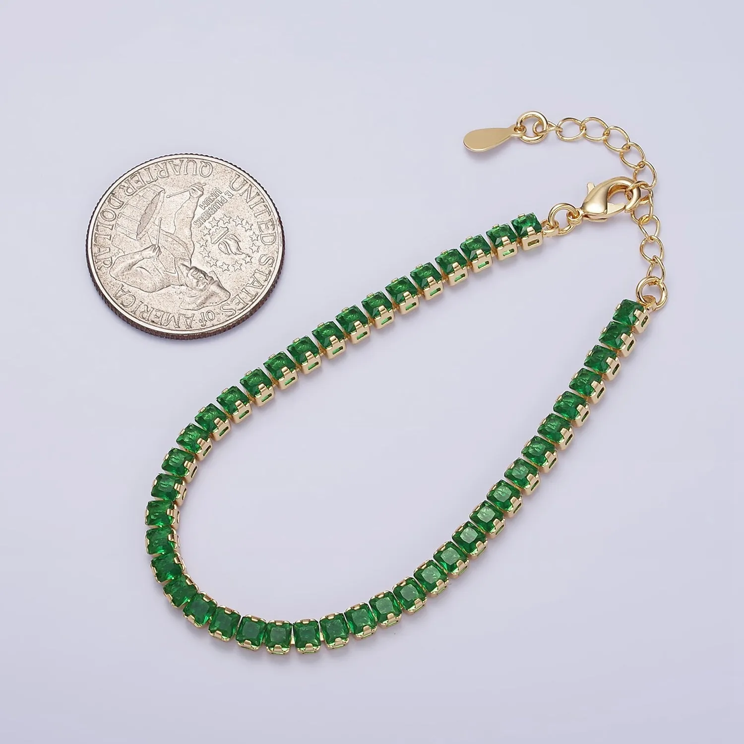 16K Gold Filled 3.8mm Pink, Green, Clear CZ Square Tennis 6.5 Inch Bracelet with Extender in Gold & Silver | WA-1791 ~ WA-1796