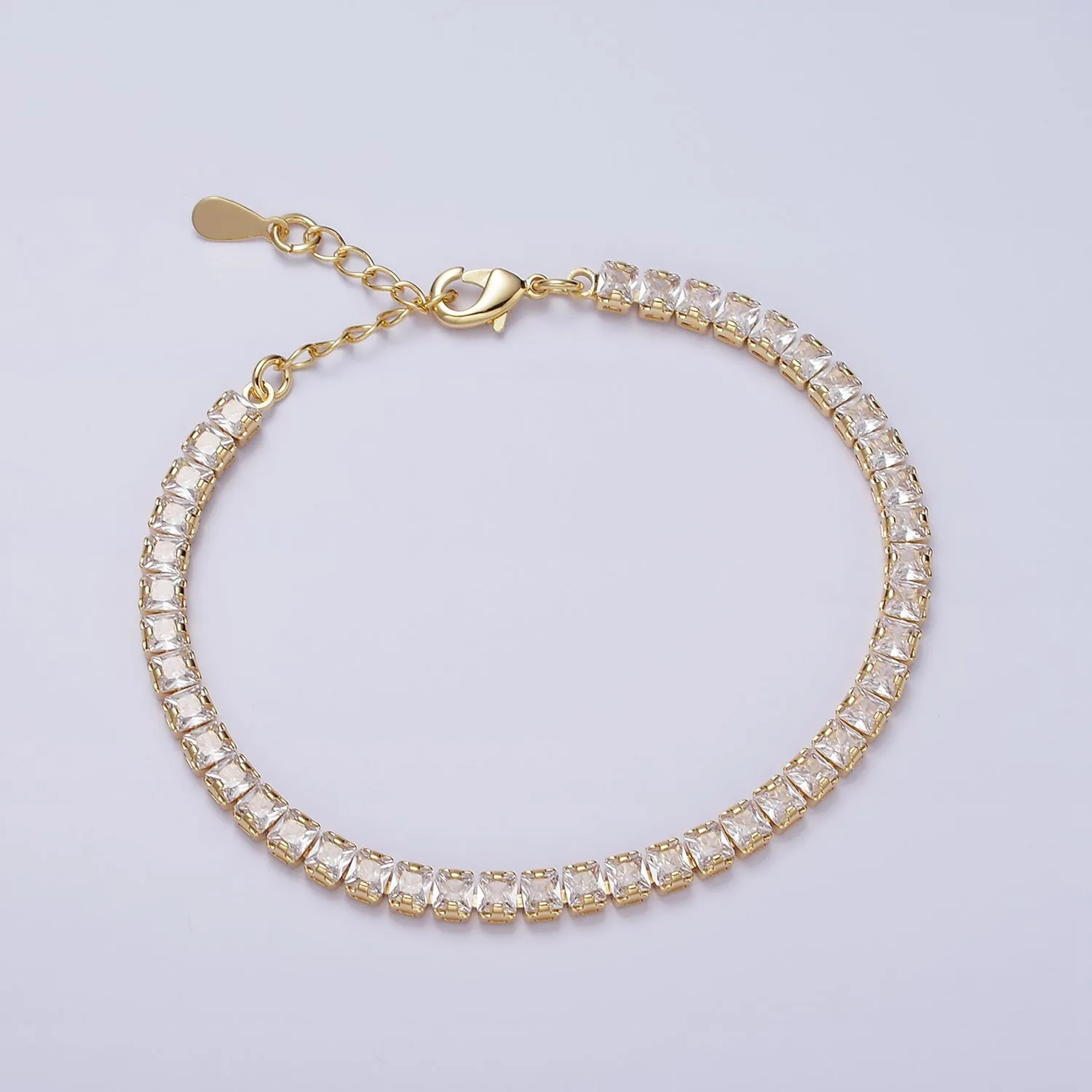 16K Gold Filled 3.8mm Pink, Green, Clear CZ Square Tennis 6.5 Inch Bracelet with Extender in Gold & Silver | WA-1791 ~ WA-1796