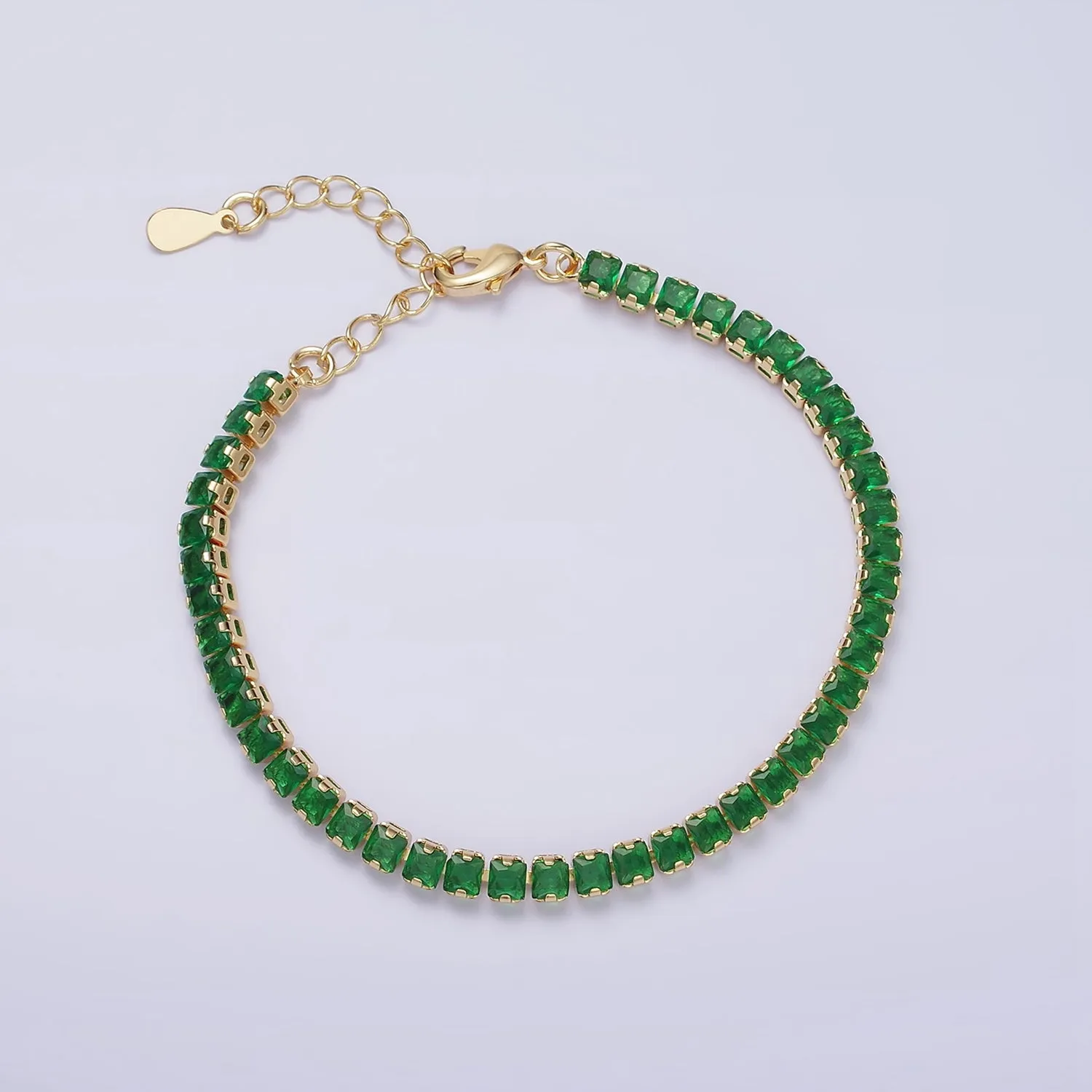 16K Gold Filled 3.8mm Pink, Green, Clear CZ Square Tennis 6.5 Inch Bracelet with Extender in Gold & Silver | WA-1791 ~ WA-1796