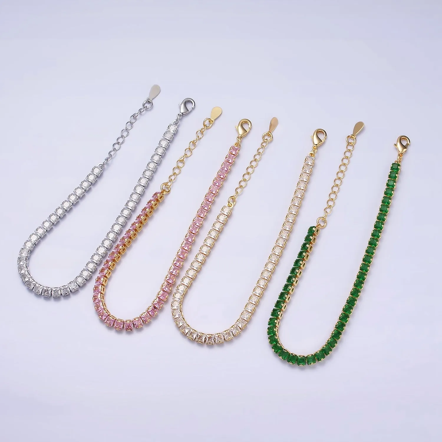 16K Gold Filled 3.8mm Pink, Green, Clear CZ Square Tennis 6.5 Inch Bracelet with Extender in Gold & Silver | WA-1791 ~ WA-1796