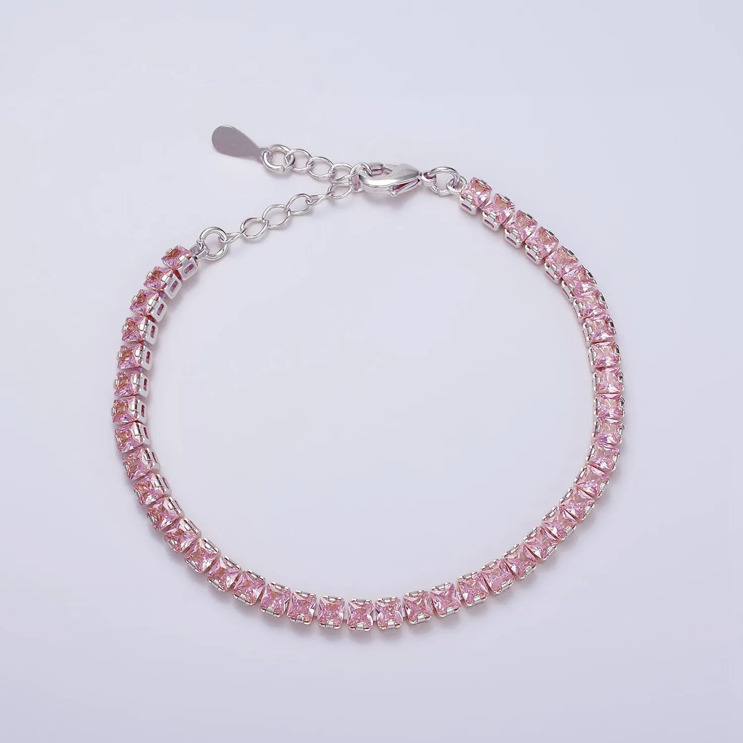 16K Gold Filled 3.8mm Pink, Green, Clear CZ Square Tennis 6.5 Inch Bracelet with Extender in Gold & Silver | WA-1791 ~ WA-1796