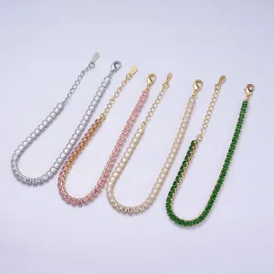 16K Gold Filled 3.8mm Pink, Green, Clear CZ Square Tennis 6.5 Inch Bracelet with Extender in Gold & Silver | WA-1791 ~ WA-1796