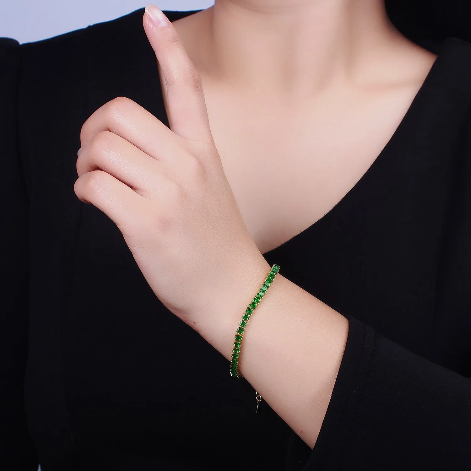 16K Gold Filled 3.8mm Pink, Green, Clear CZ Square Tennis 6.5 Inch Bracelet with Extender in Gold & Silver | WA-1791 ~ WA-1796