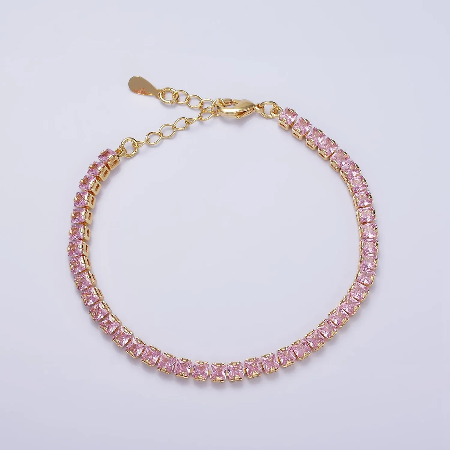 16K Gold Filled 3.8mm Pink, Green, Clear CZ Square Tennis 6.5 Inch Bracelet with Extender in Gold & Silver | WA-1791 ~ WA-1796