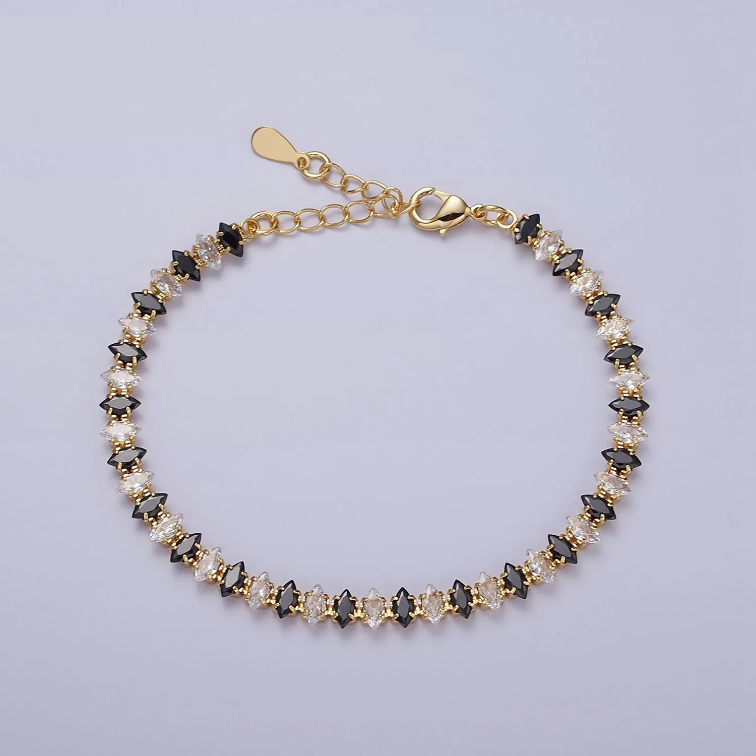 16K Gold Filled 5mm Clear, Green, Black & White, Black, Pink CZ Marquise Tennis 6.5 Inches with Extender | WA-1834 ~ WA-1839