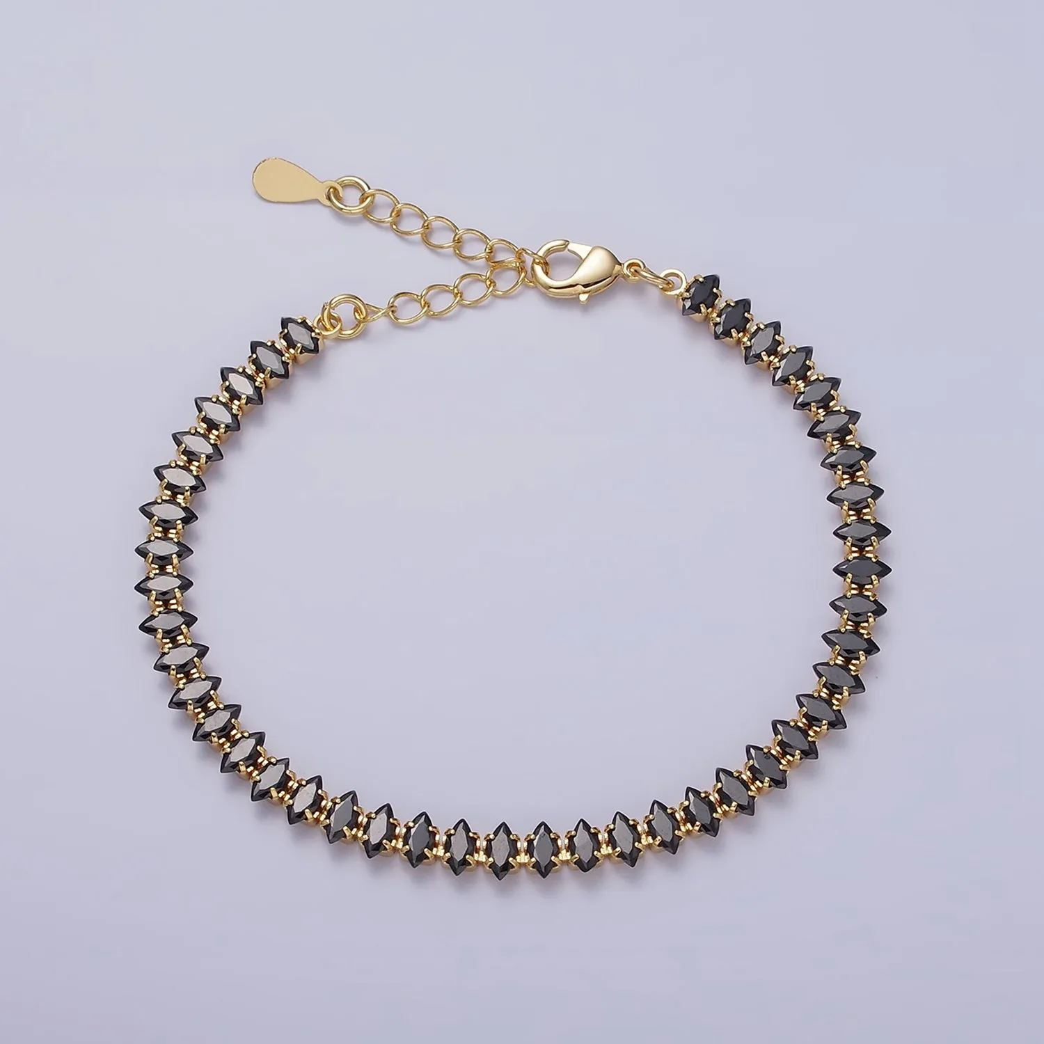 16K Gold Filled 5mm Clear, Green, Black & White, Black, Pink CZ Marquise Tennis 6.5 Inches with Extender | WA-1834 ~ WA-1839