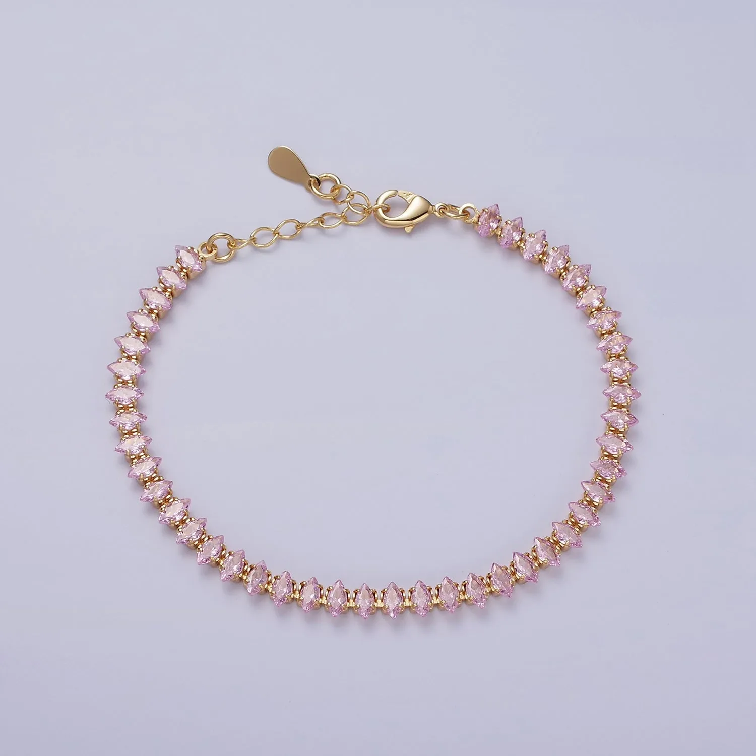 16K Gold Filled 5mm Clear, Green, Black & White, Black, Pink CZ Marquise Tennis 6.5 Inches with Extender | WA-1834 ~ WA-1839