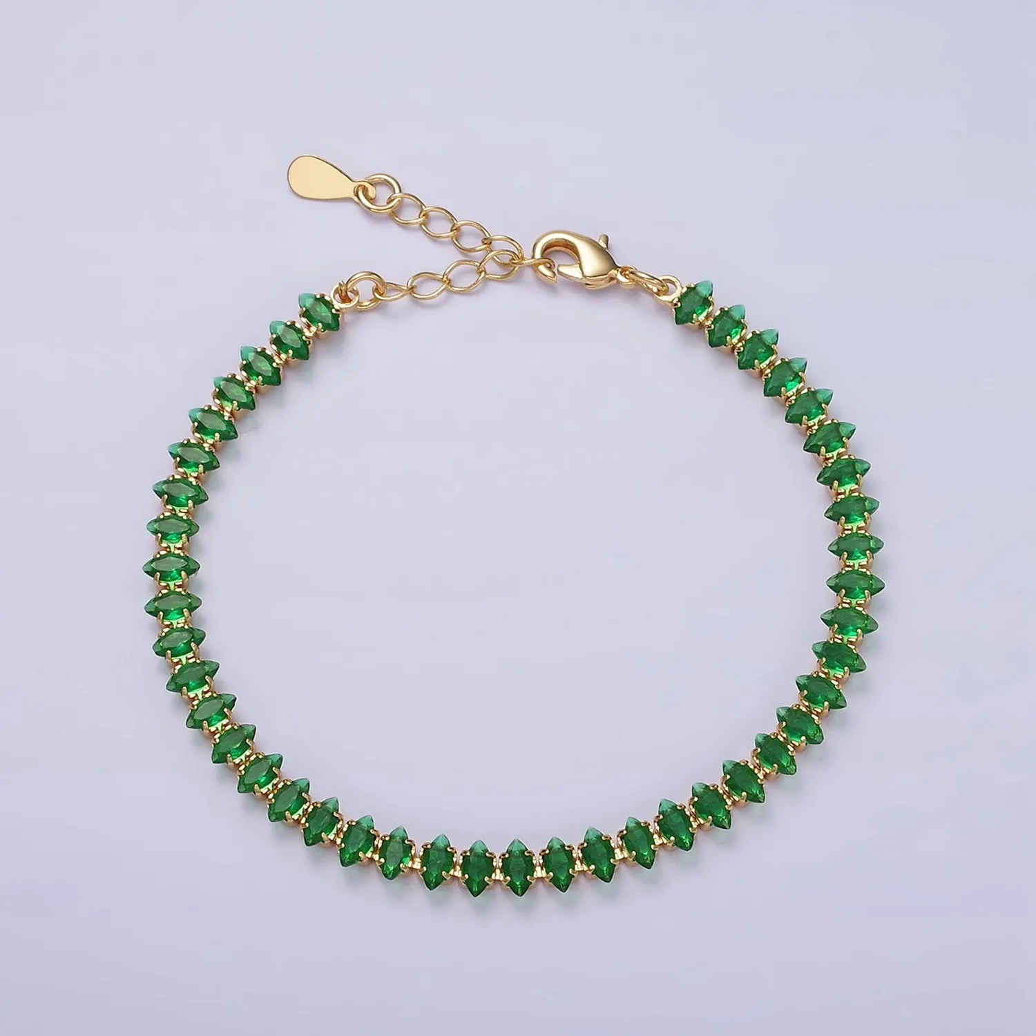 16K Gold Filled 5mm Clear, Green, Black & White, Black, Pink CZ Marquise Tennis 6.5 Inches with Extender | WA-1834 ~ WA-1839