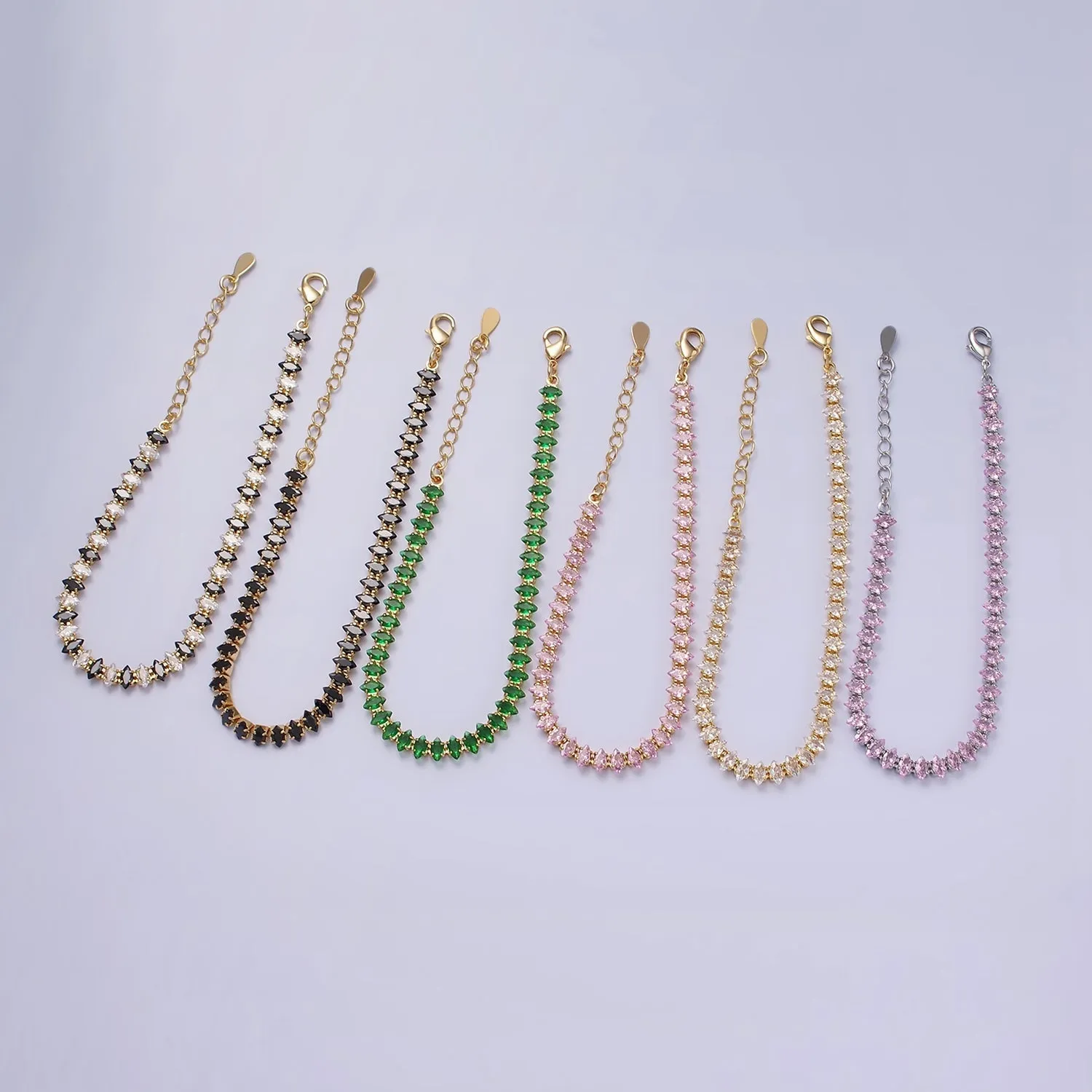16K Gold Filled 5mm Clear, Green, Black & White, Black, Pink CZ Marquise Tennis 6.5 Inches with Extender | WA-1834 ~ WA-1839