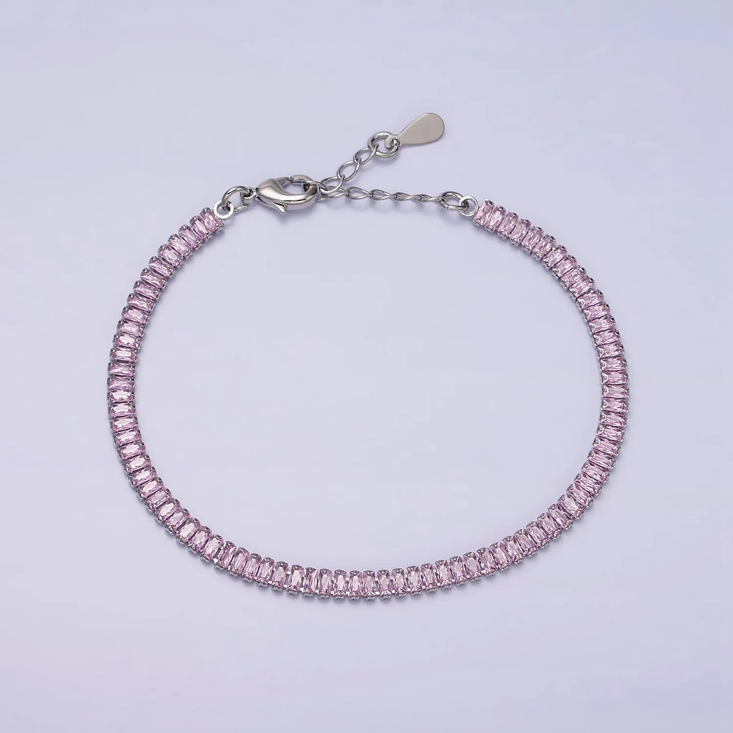 16K Gold Filled Clear, Pink Baguette CZ 3.5mm Tennis Chain 6.5 Inch Bracelet | WA-1820 ~ WA1823