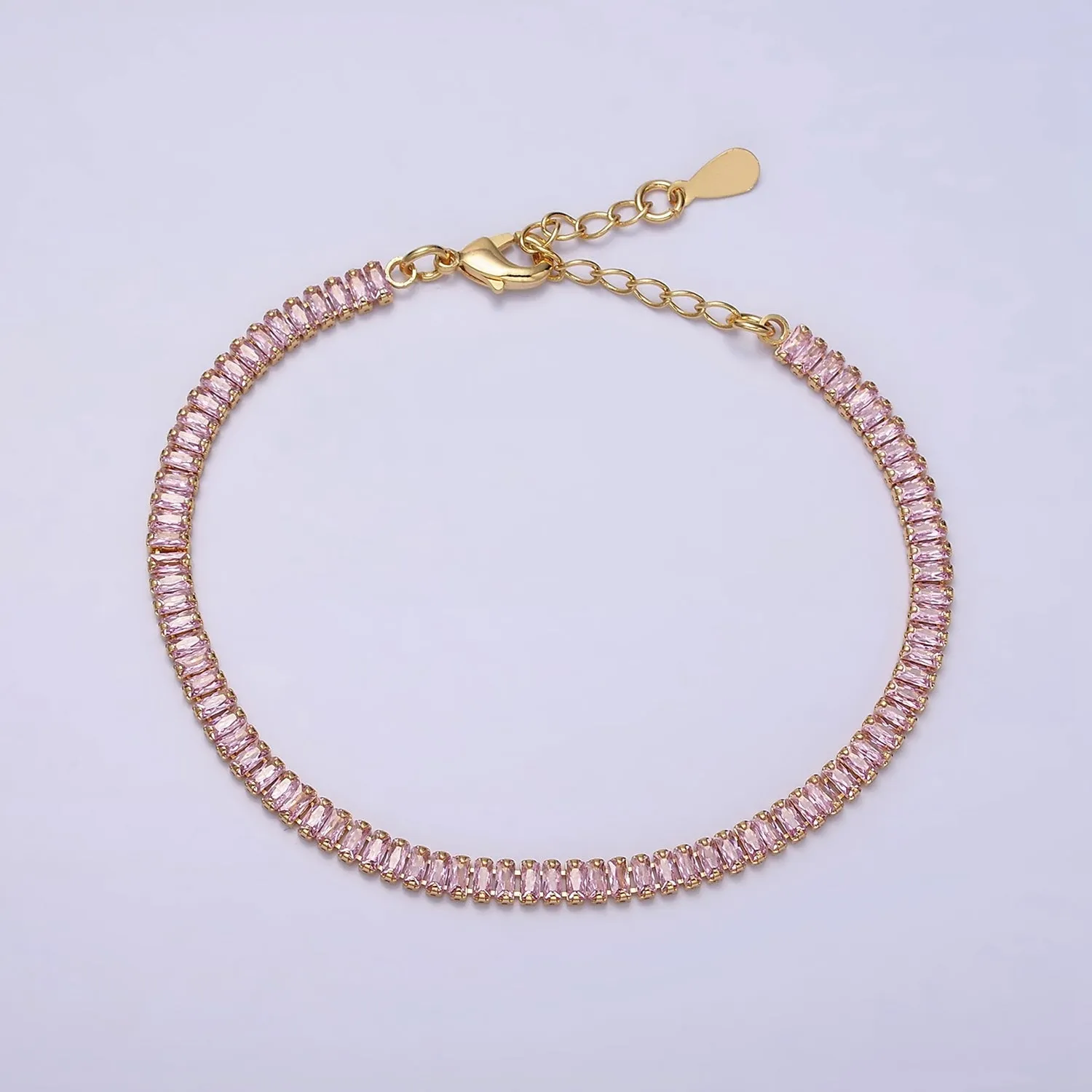 16K Gold Filled Clear, Pink Baguette CZ 3.5mm Tennis Chain 6.5 Inch Bracelet | WA-1820 ~ WA1823