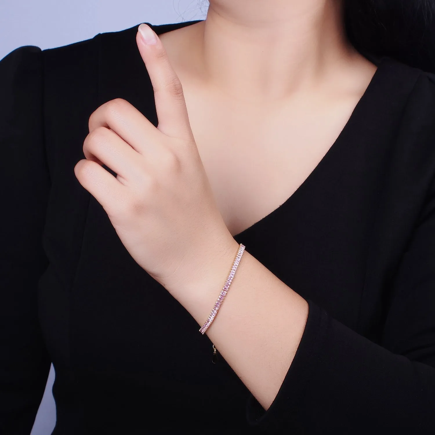 16K Gold Filled Clear, Pink Baguette CZ 3.5mm Tennis Chain 6.5 Inch Bracelet | WA-1820 ~ WA1823