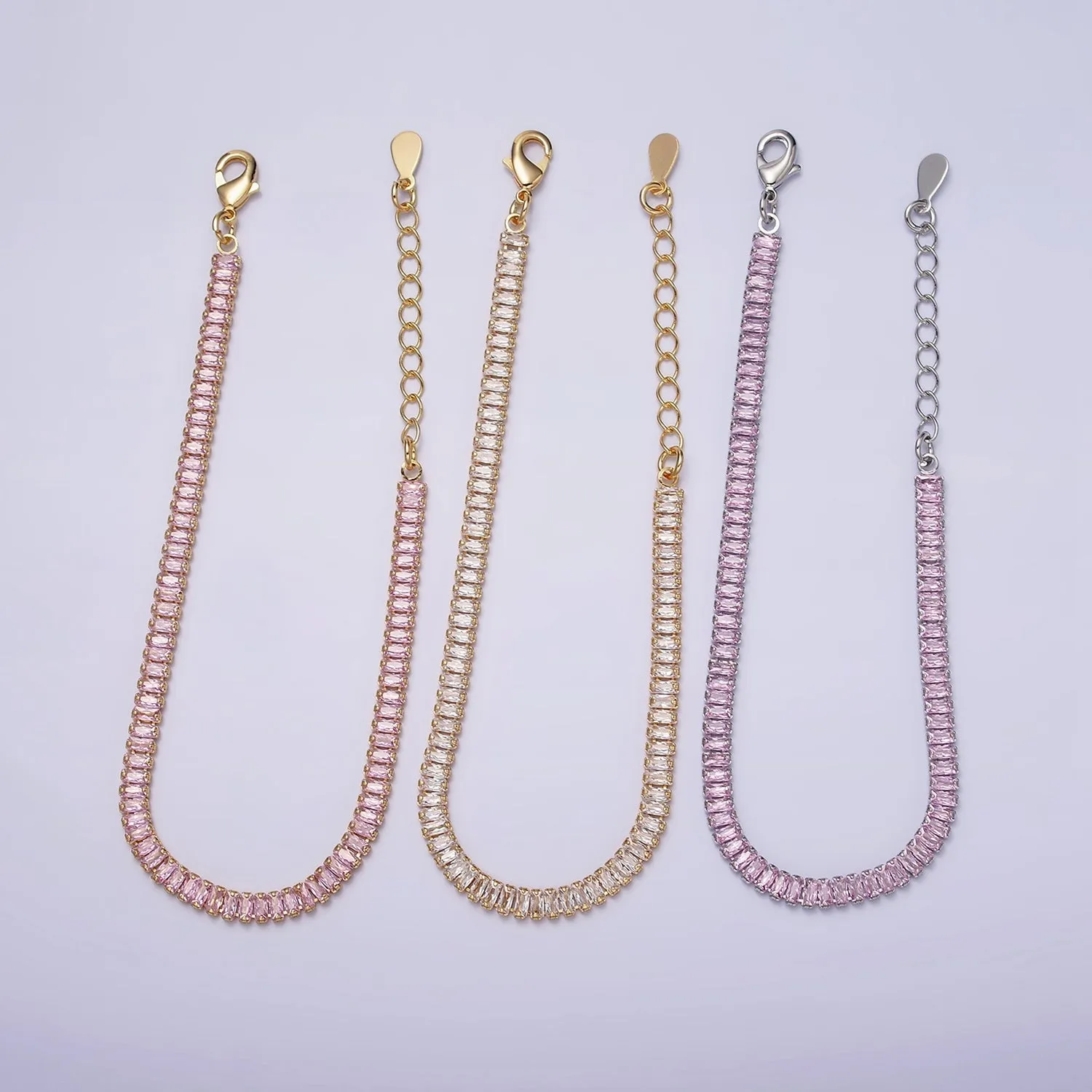 16K Gold Filled Clear, Pink Baguette CZ 3.5mm Tennis Chain 6.5 Inch Bracelet | WA-1820 ~ WA1823