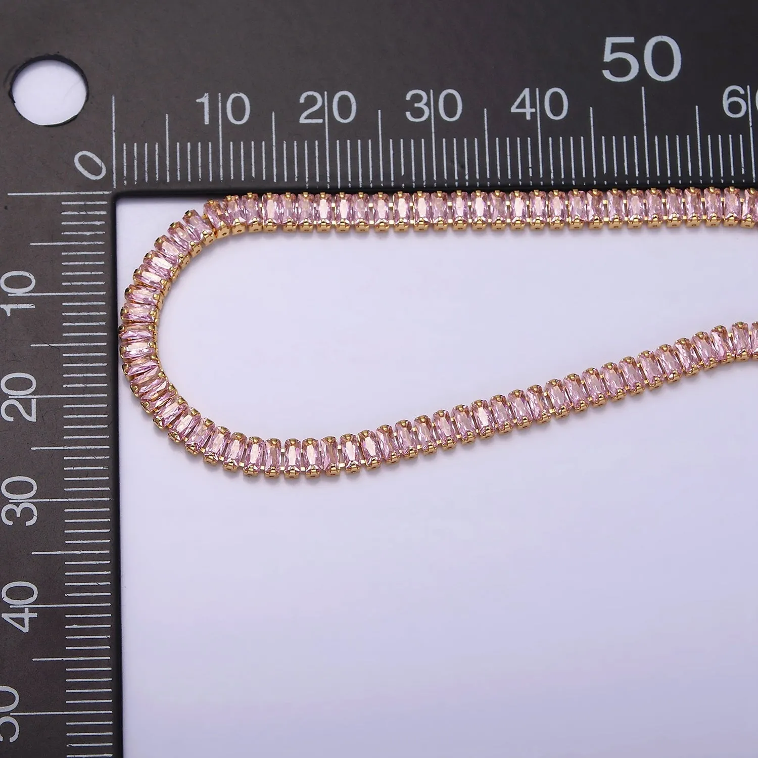 16K Gold Filled Clear, Pink Baguette CZ 3.5mm Tennis Chain 6.5 Inch Bracelet | WA-1820 ~ WA1823