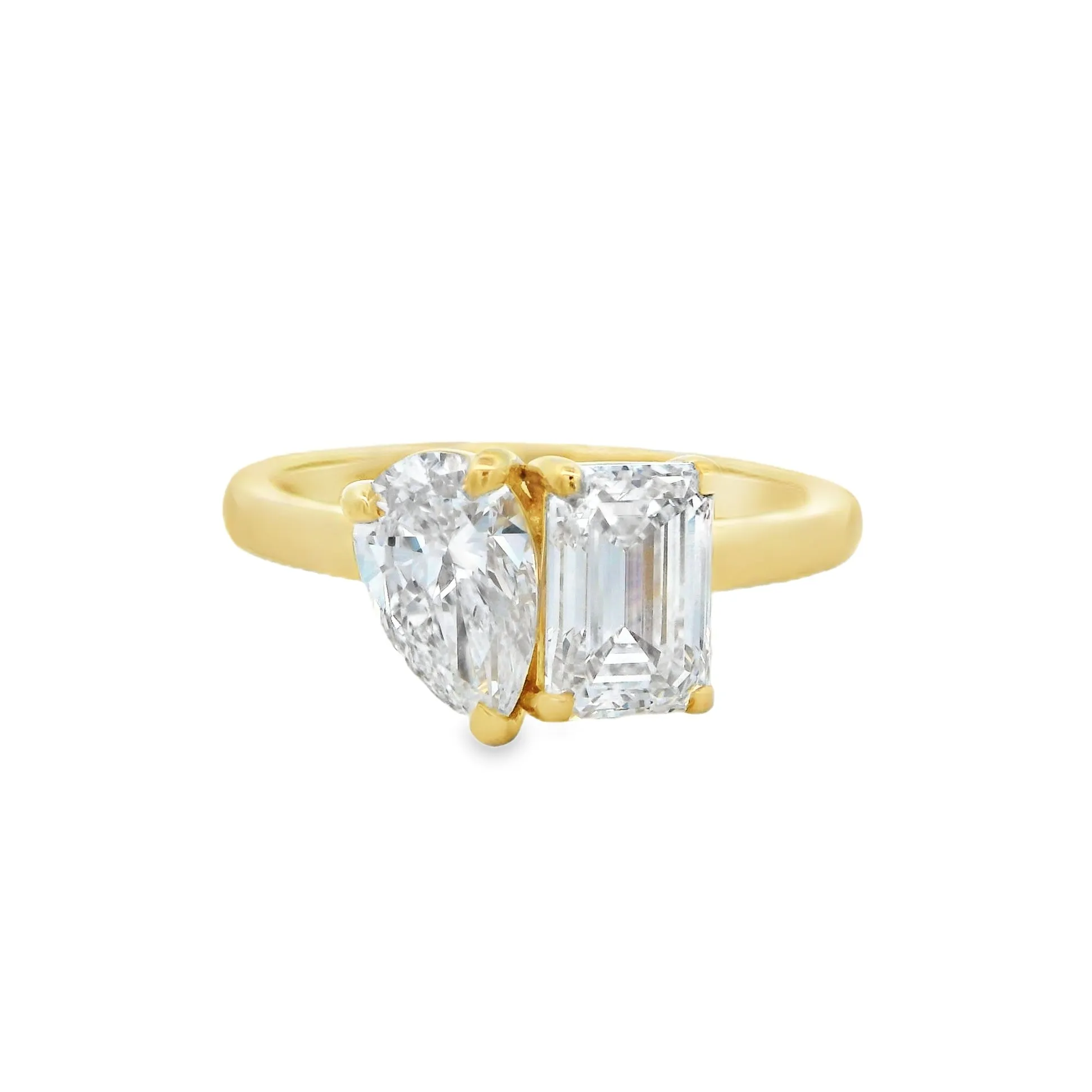18ct Yellow Gold Emerald Cut and Pear Cut Lab Grown Diamond Toi Et Moi Ring TDW= 1.78ct