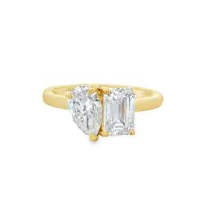 18ct Yellow Gold Emerald Cut and Pear Cut Lab Grown Diamond Toi Et Moi Ring TDW= 1.78ct