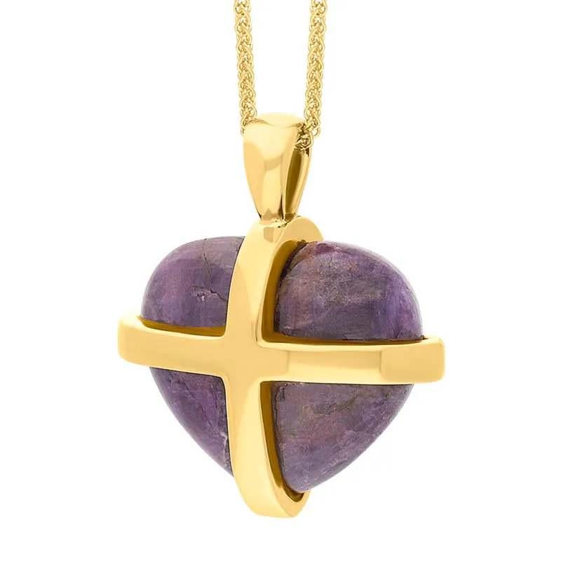 18ct Yellow Gold Northern Lights Greenland Sapphire Medium Cross Heart Necklace