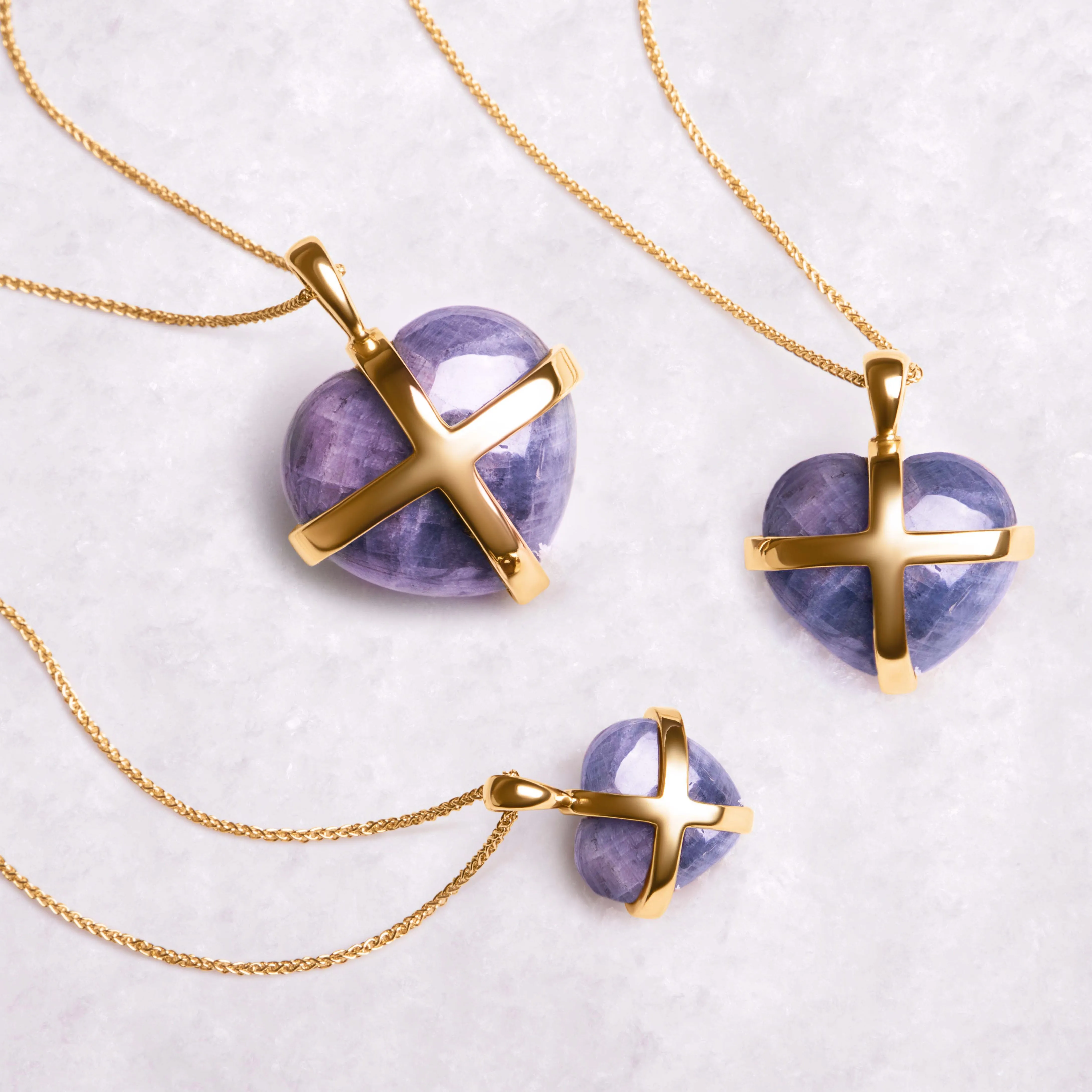 18ct Yellow Gold Northern Lights Greenland Sapphire Medium Cross Heart Necklace
