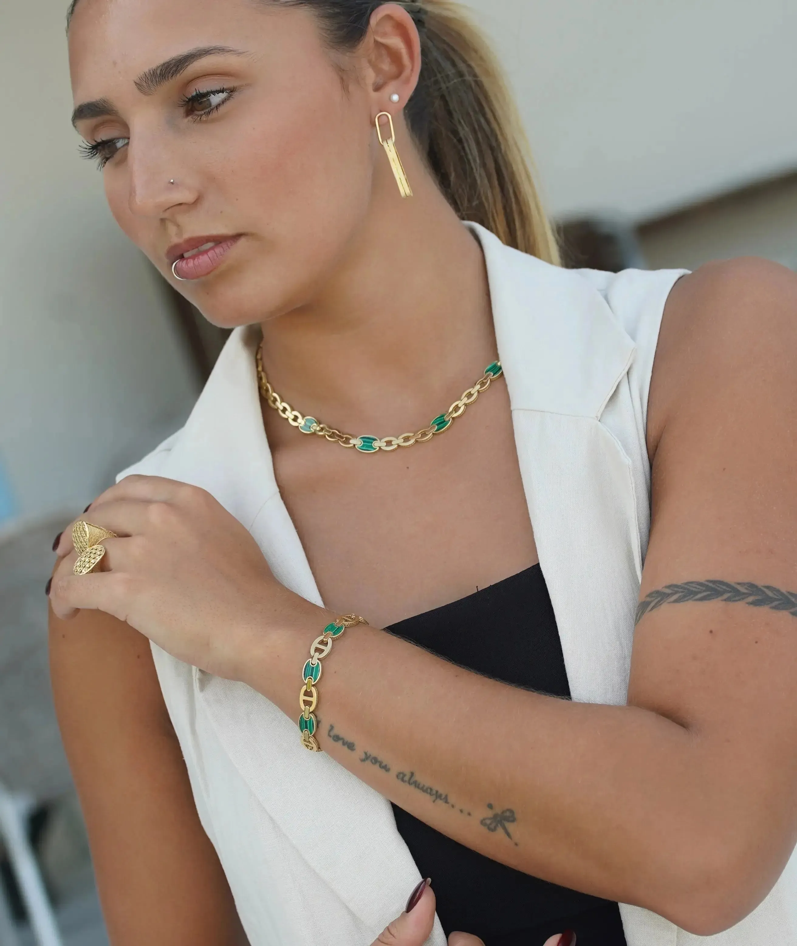 18K Solid Yellow Gold Malachite Marine Link Bracelet