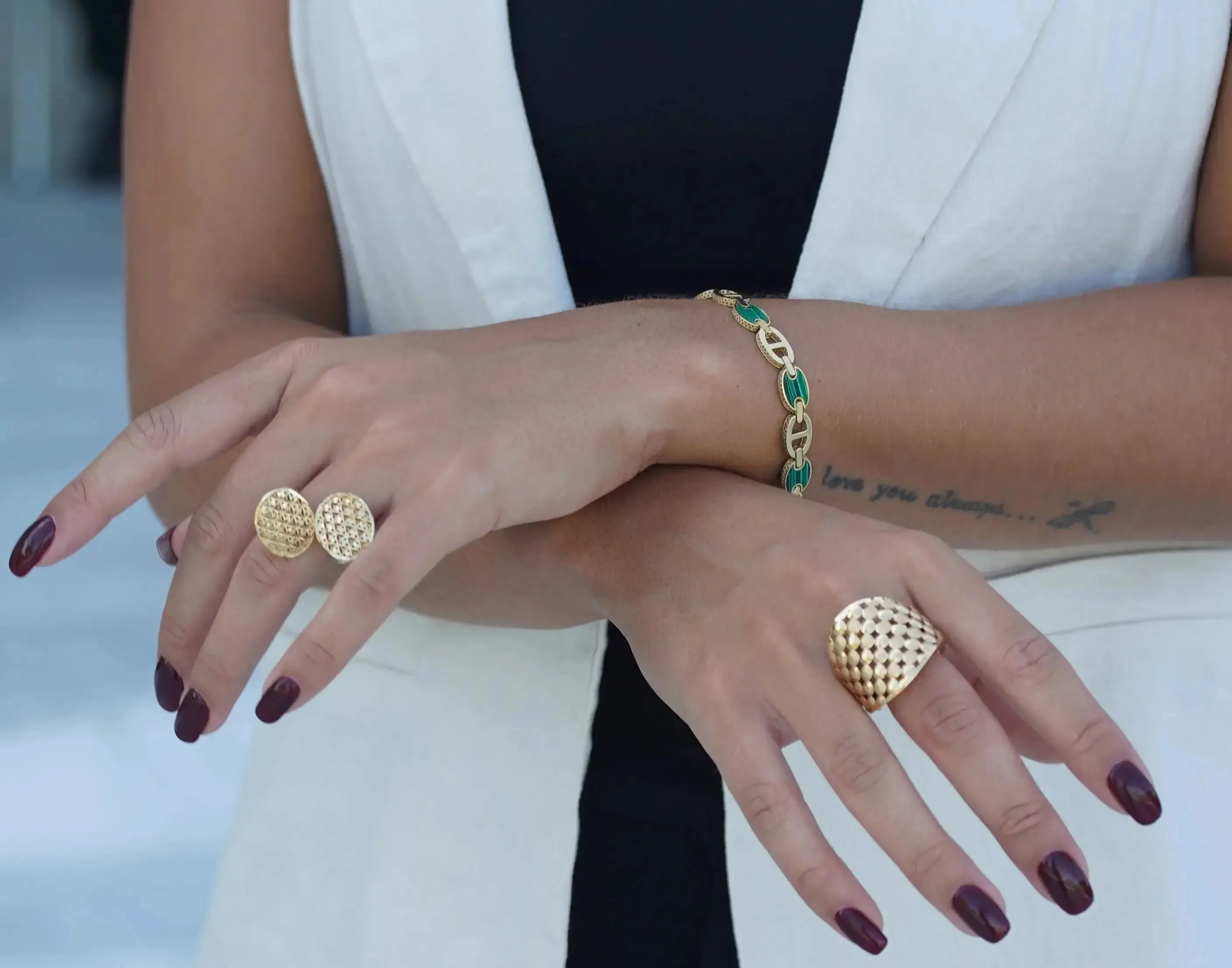 18K Solid Yellow Gold Malachite Marine Link Bracelet