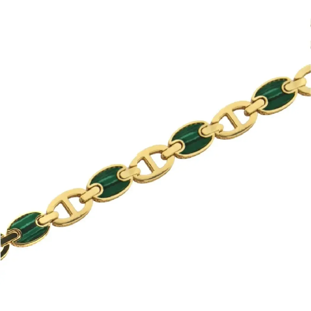 18K Solid Yellow Gold Malachite Marine Link Bracelet