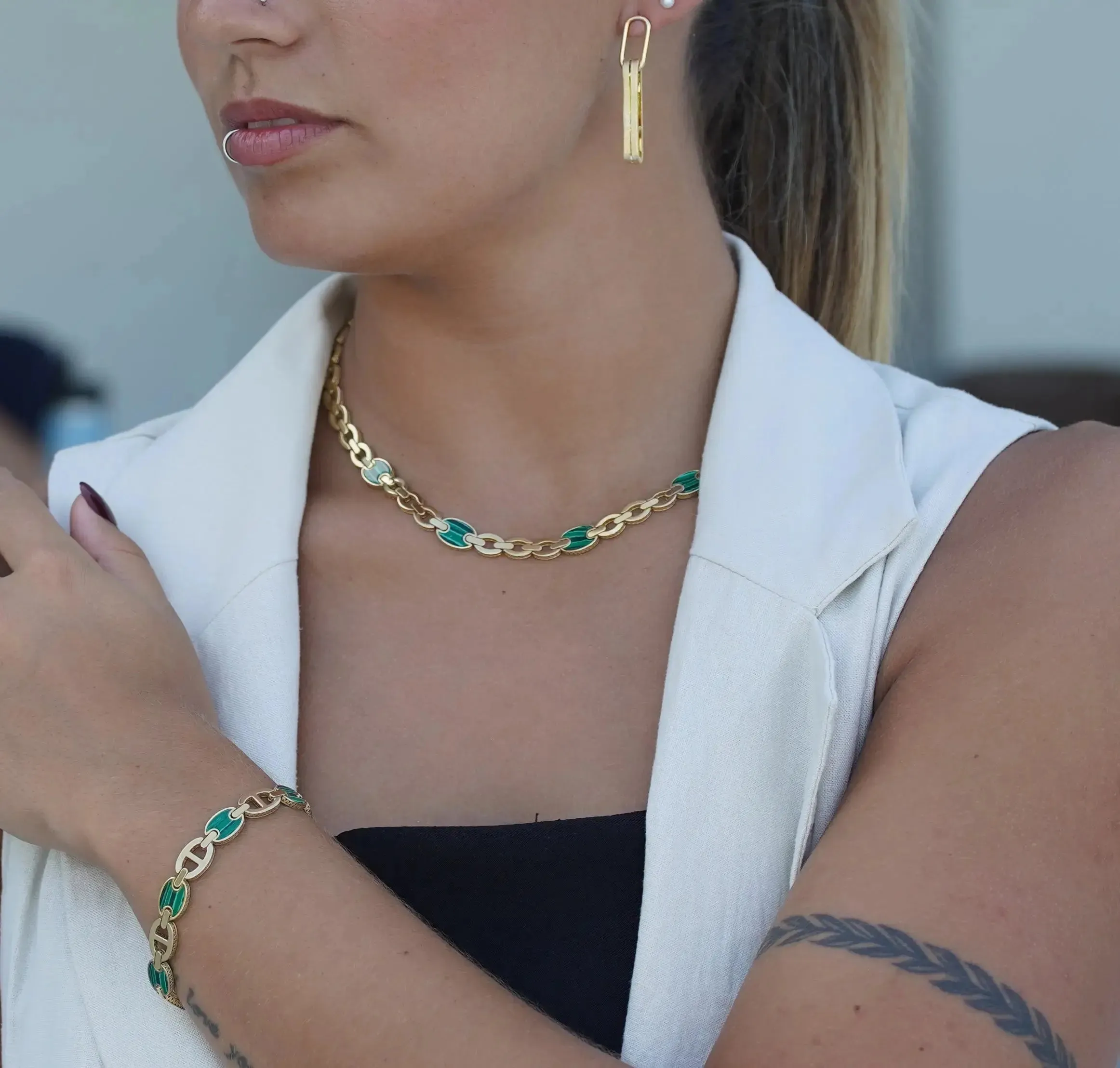 18K Solid Yellow Gold Malachite Marine Link Bracelet