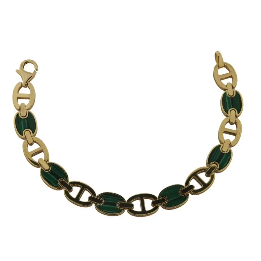 18K Solid Yellow Gold Malachite Marine Link Bracelet