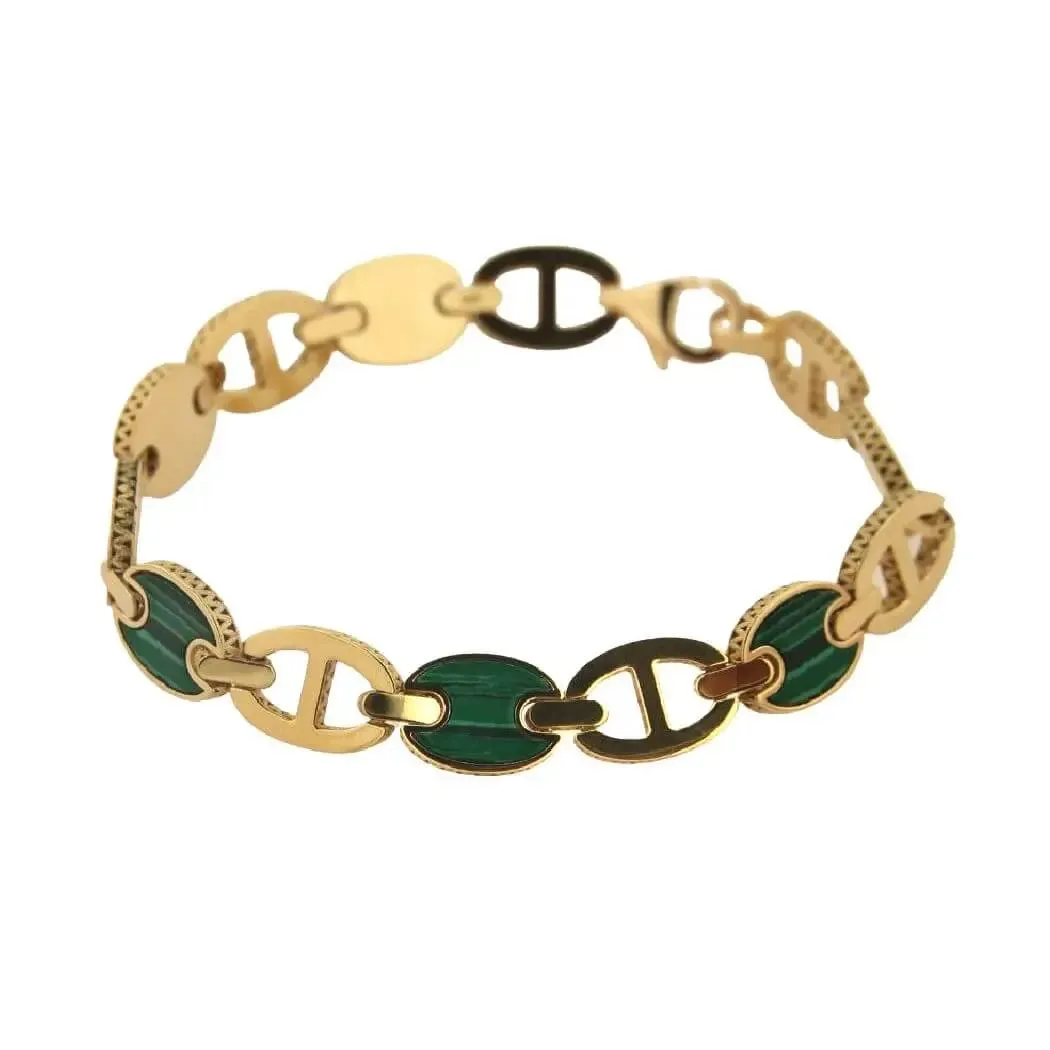 18K Solid Yellow Gold Malachite Marine Link Bracelet