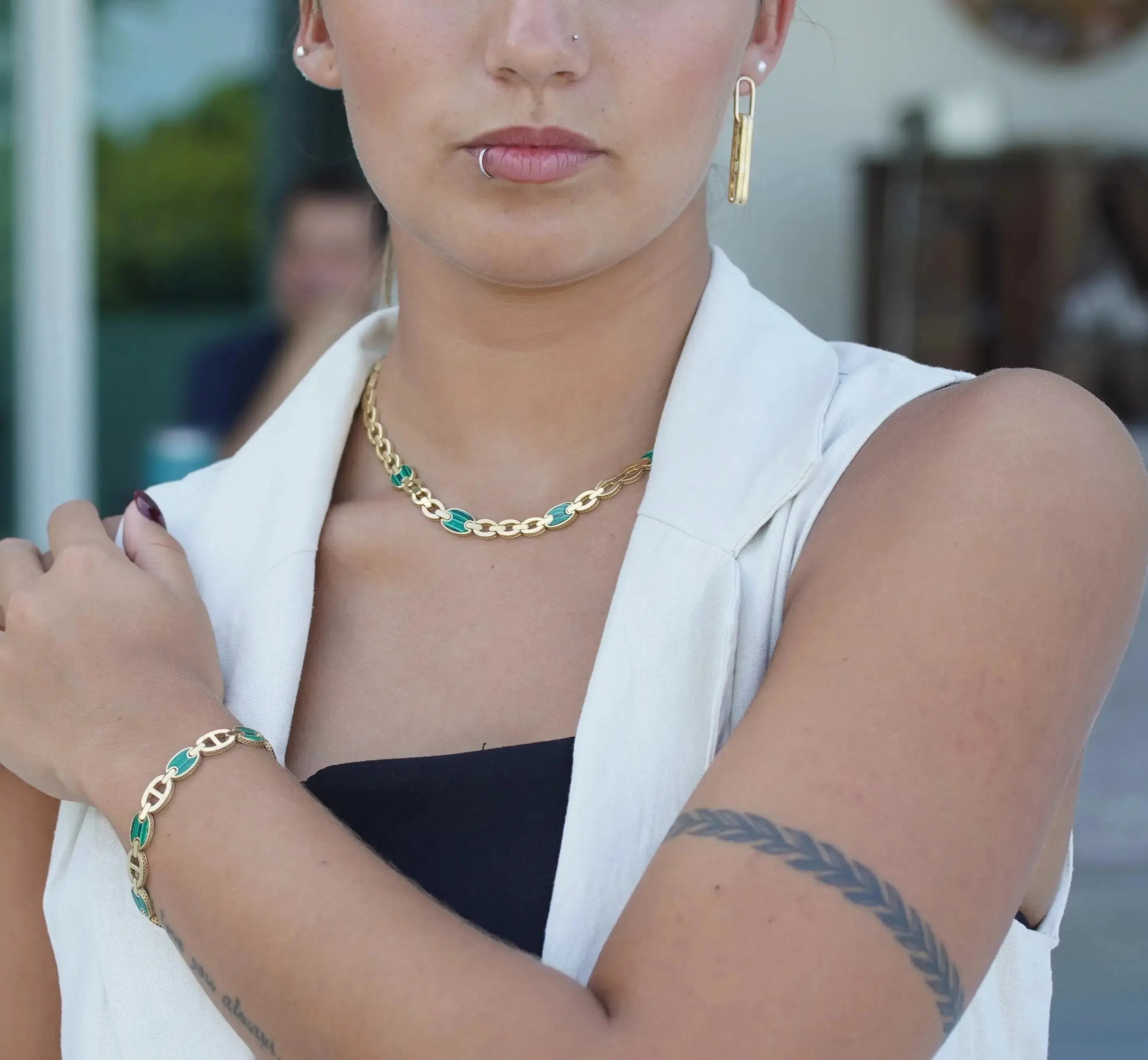 18K Solid Yellow Gold Malachite Marine Link Bracelet